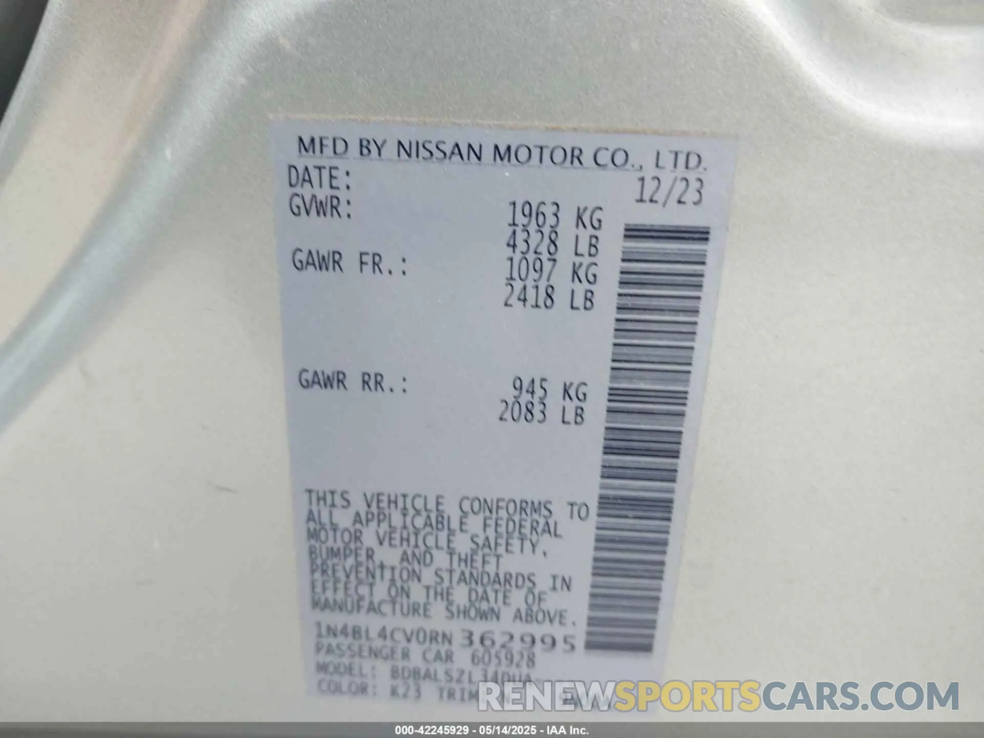 9 Фотография поврежденного автомобиля 1N4BL4CV0RN362995 NISSAN ALTIMA 2024