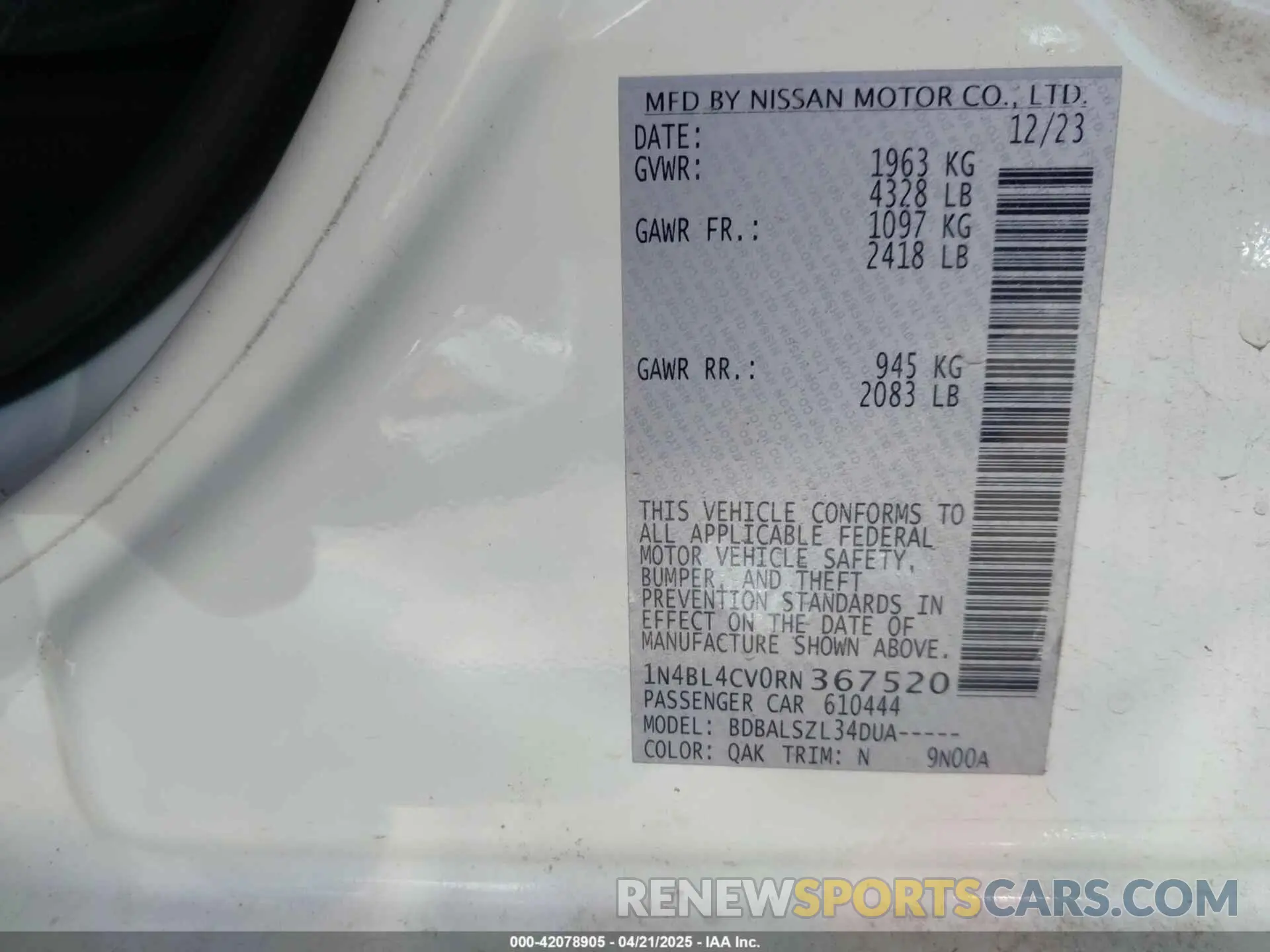 9 Фотография поврежденного автомобиля 1N4BL4CV0RN367520 NISSAN ALTIMA 2024