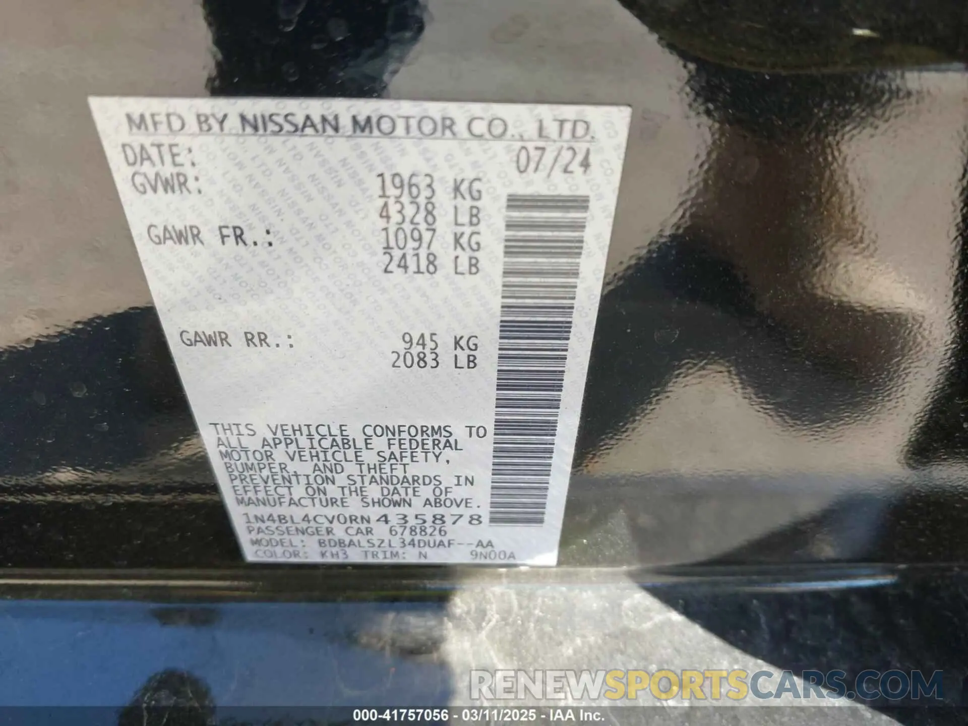 9 Photograph of a damaged car 1N4BL4CV0RN435878 NISSAN ALTIMA 2024