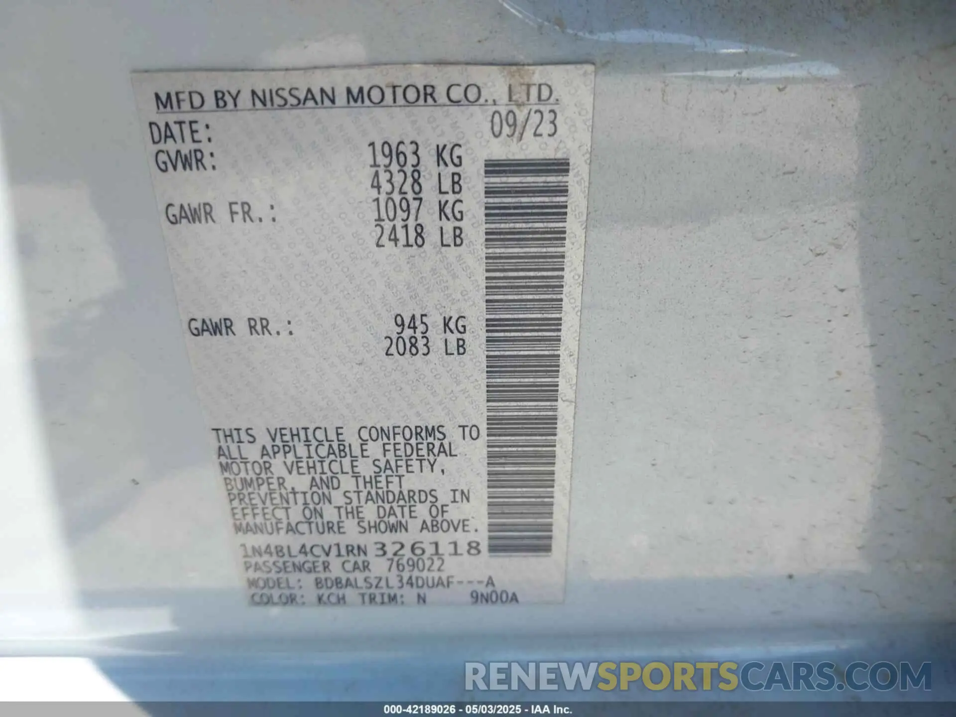 9 Фотография поврежденного автомобиля 1N4BL4CV1RN326118 NISSAN ALTIMA 2024