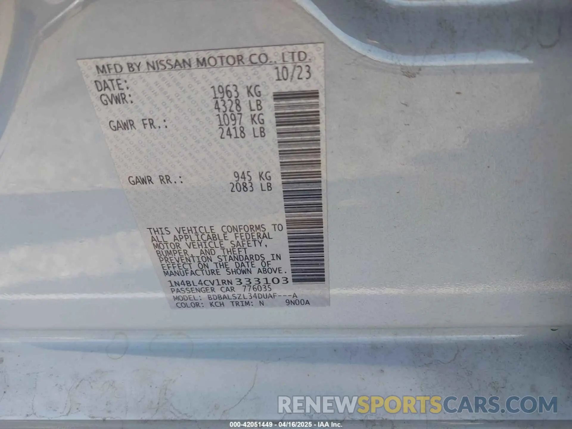 9 Photograph of a damaged car 1N4BL4CV1RN333103 NISSAN ALTIMA 2024