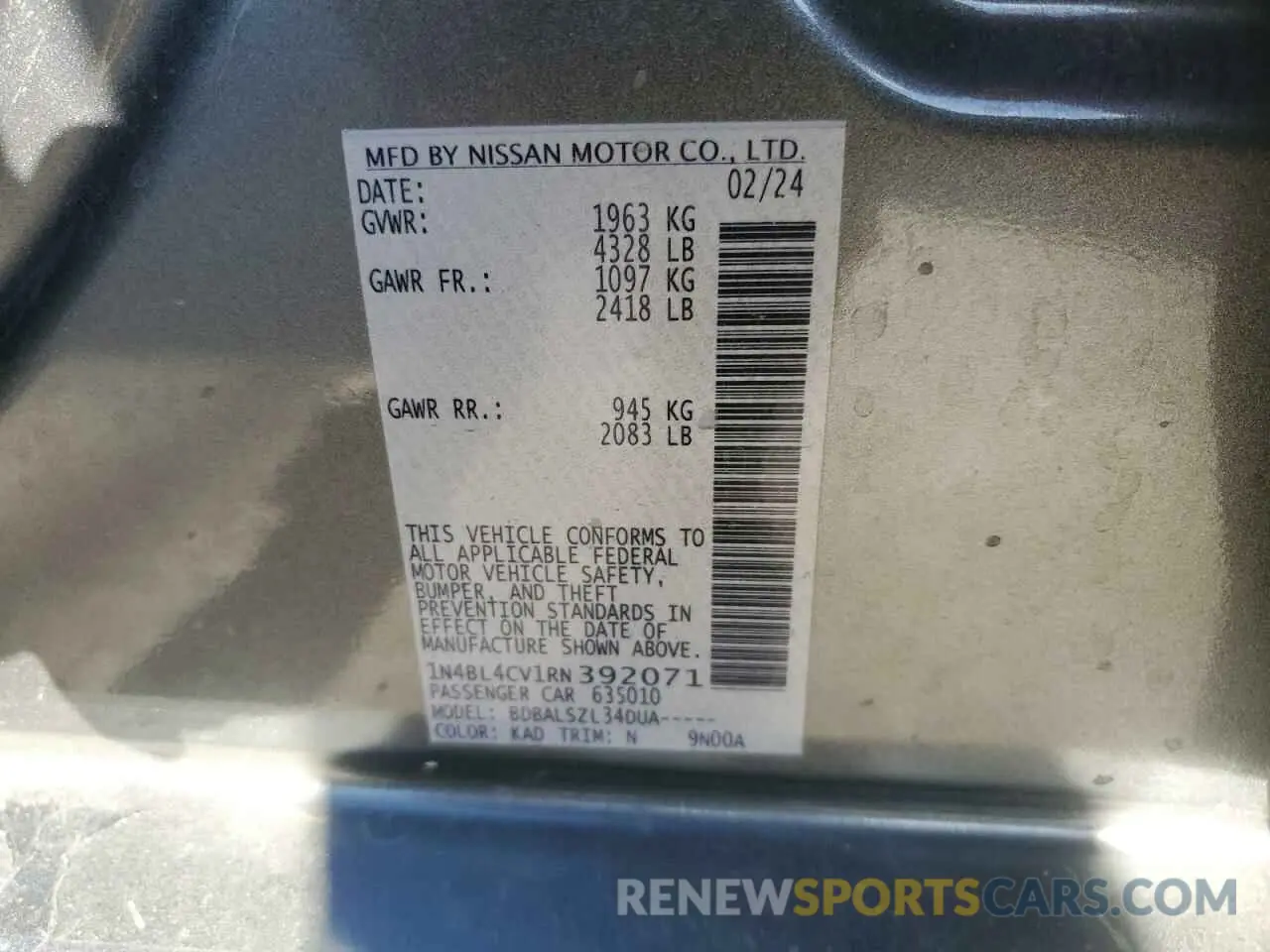 12 Photograph of a damaged car 1N4BL4CV1RN392071 NISSAN ALTIMA 2024