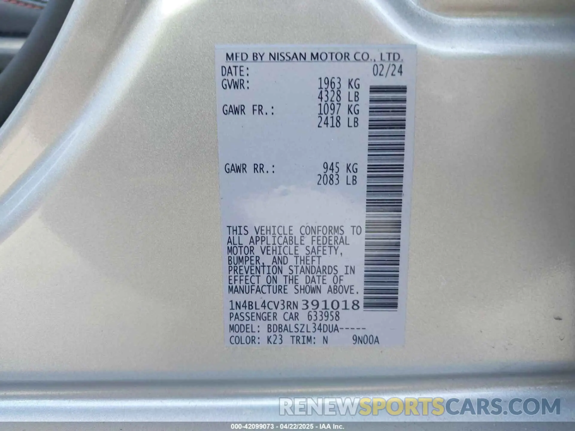 9 Фотография поврежденного автомобиля 1N4BL4CV3RN391018 NISSAN ALTIMA 2024