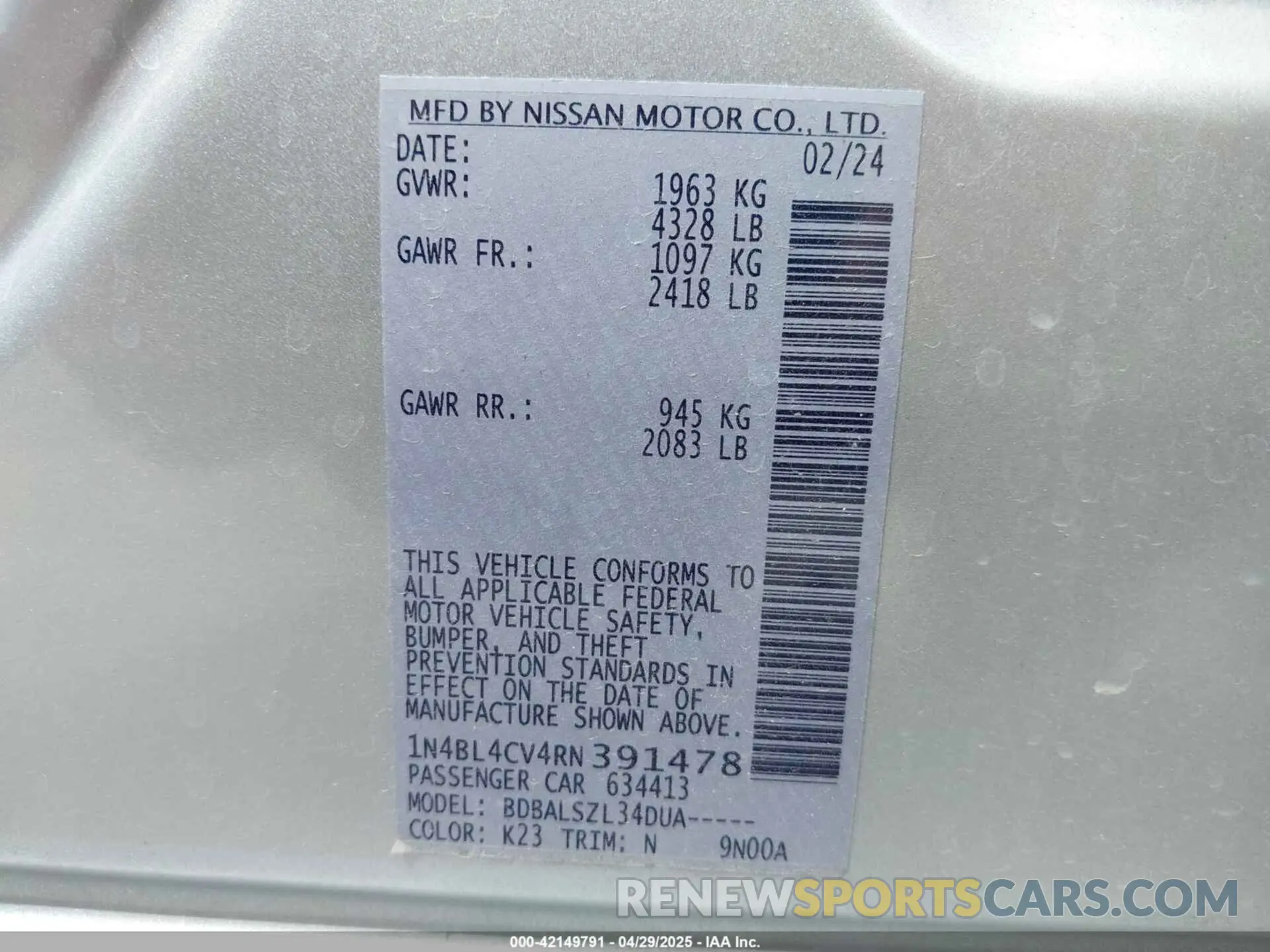9 Photograph of a damaged car 1N4BL4CV4RN391478 NISSAN ALTIMA 2024