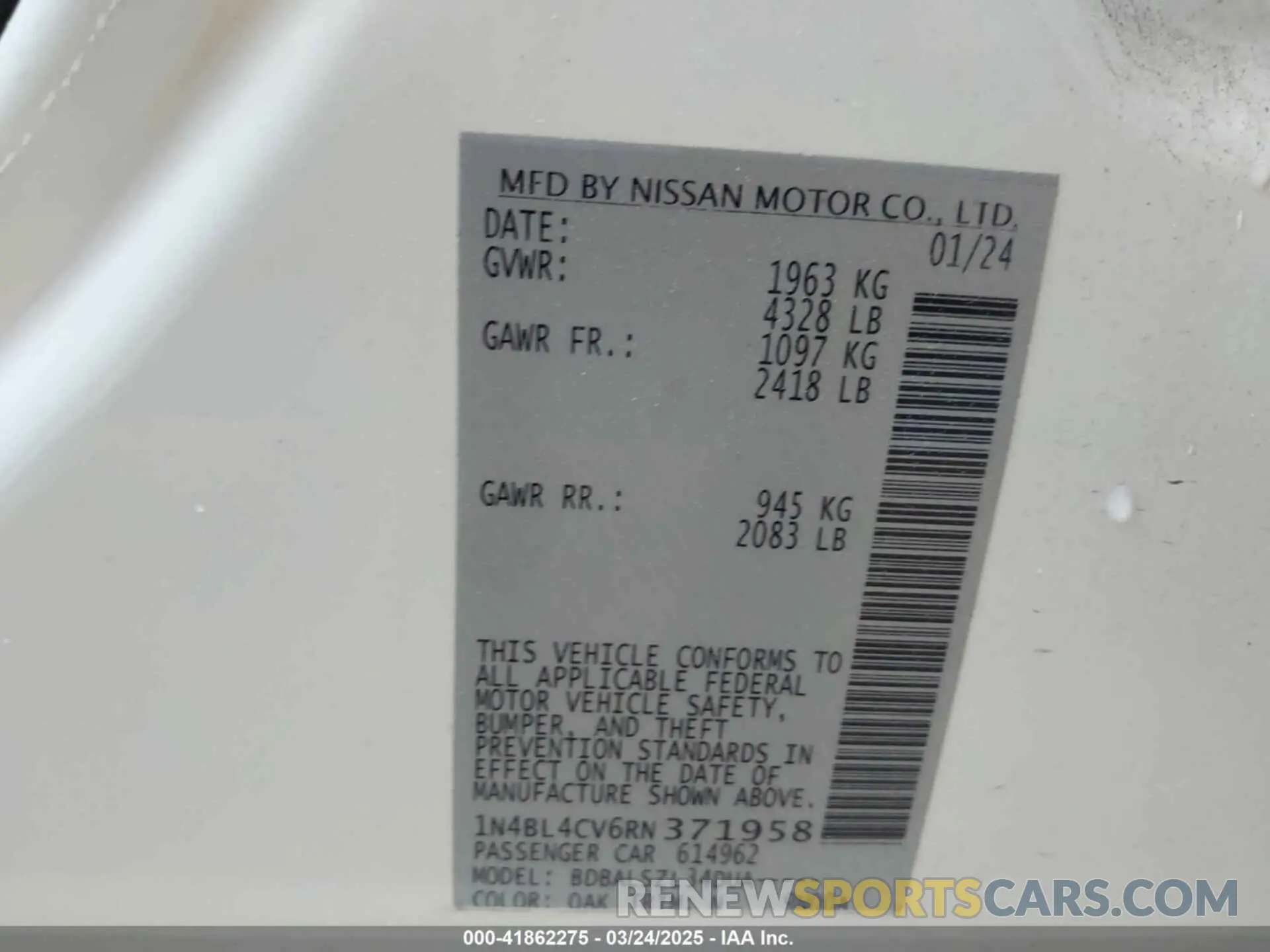 9 Photograph of a damaged car 1N4BL4CV6RN371958 NISSAN ALTIMA 2024