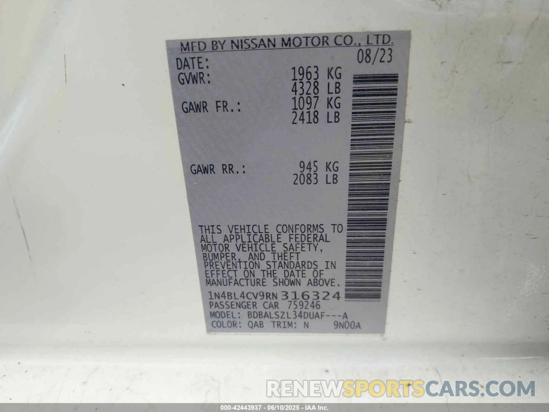 9 Photograph of a damaged car 1N4BL4CV9RN316324 NISSAN ALTIMA 2024