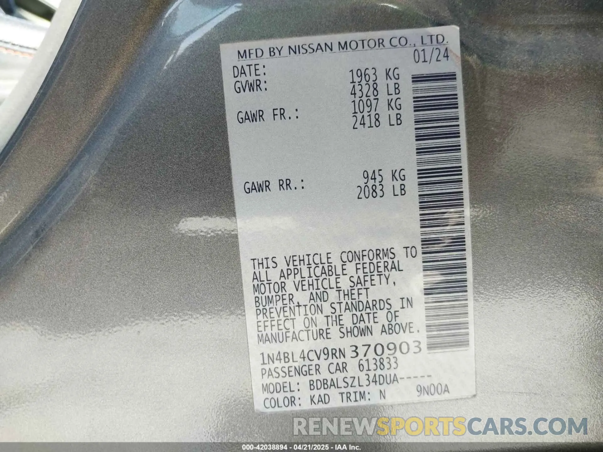 9 Photograph of a damaged car 1N4BL4CV9RN370903 NISSAN ALTIMA 2024