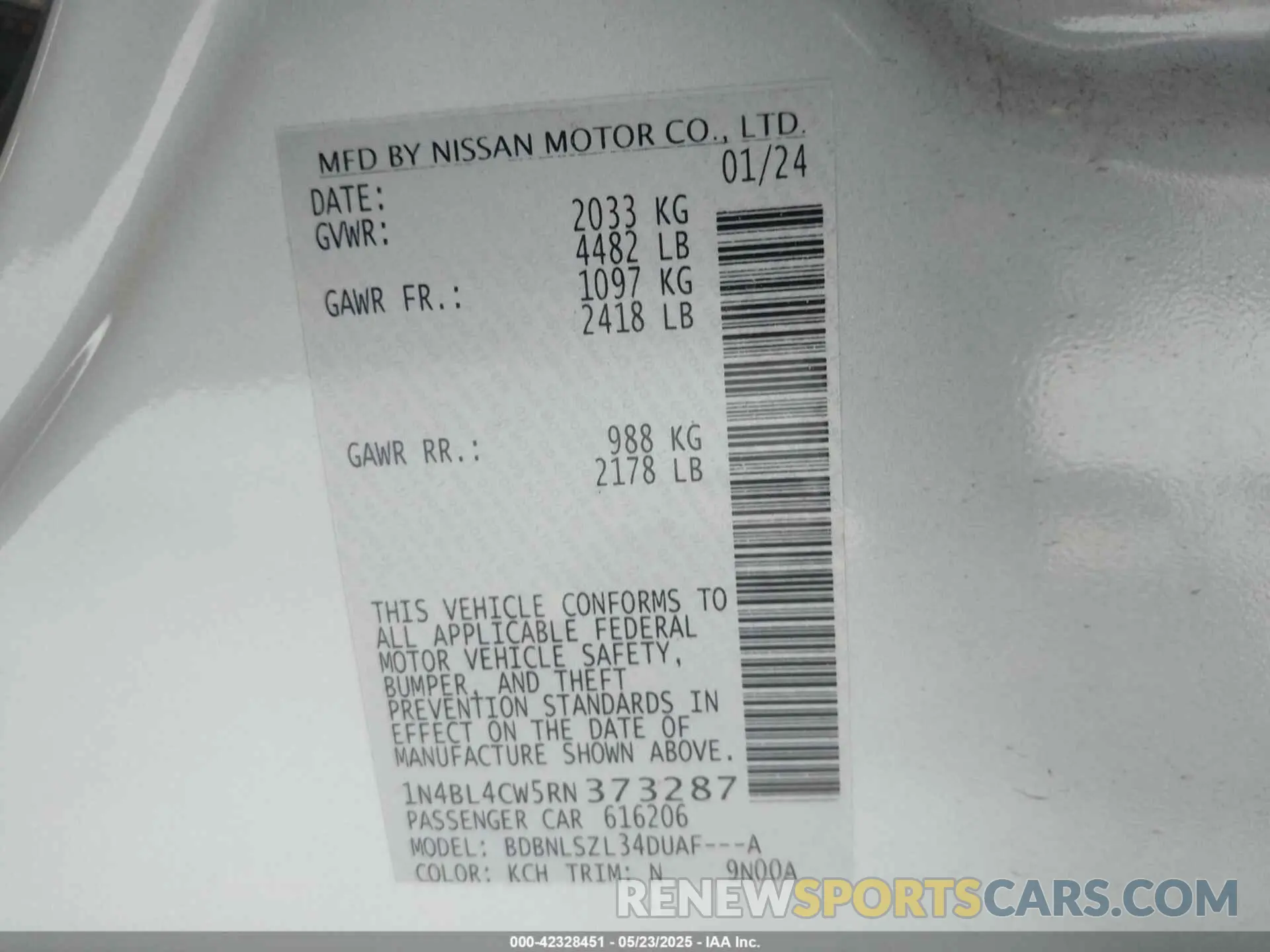 9 Photograph of a damaged car 1N4BL4CW5RN373287 NISSAN ALTIMA 2024