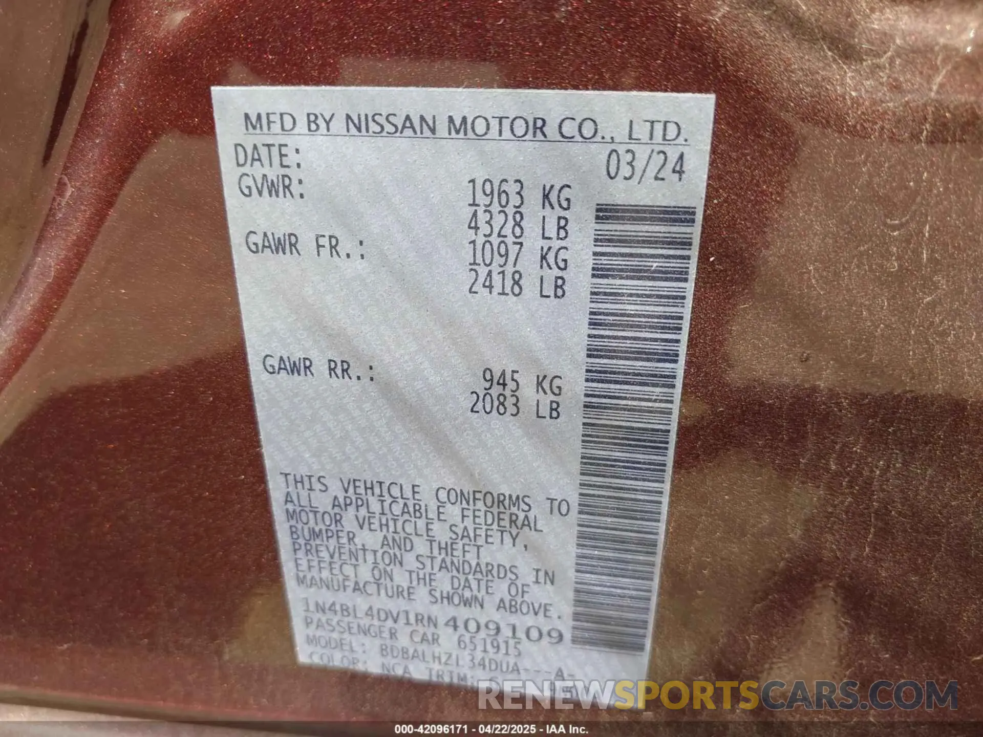 9 Фотография поврежденного автомобиля 1N4BL4DV1RN409109 NISSAN ALTIMA 2024