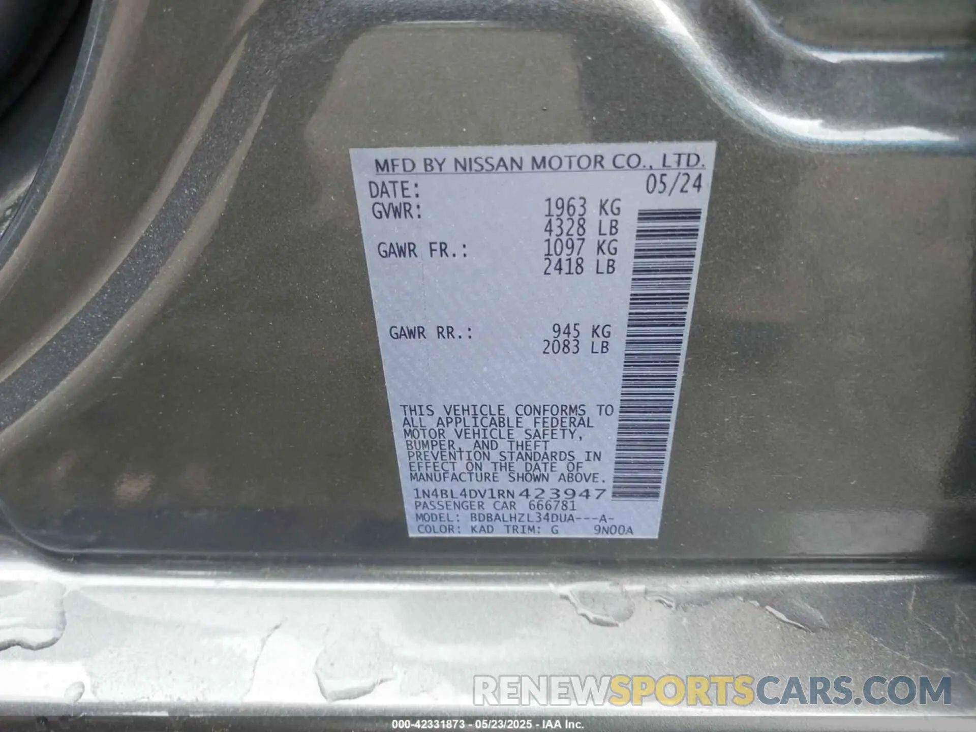 9 Photograph of a damaged car 1N4BL4DV1RN423947 NISSAN ALTIMA 2024