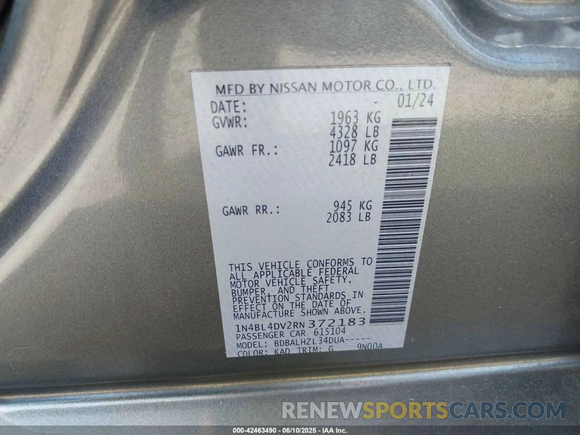 9 Photograph of a damaged car 1N4BL4DV2RN372183 NISSAN ALTIMA 2024