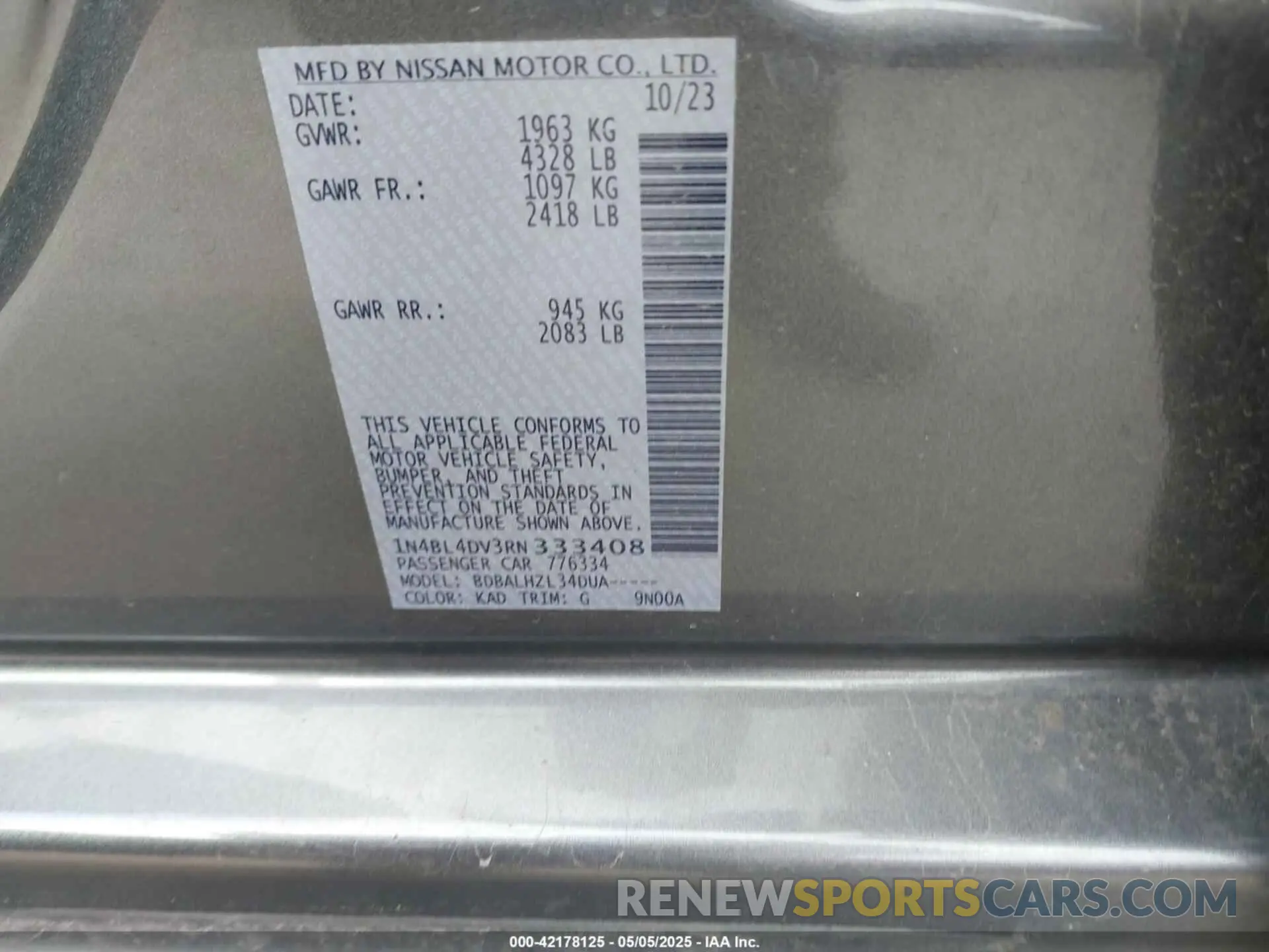 9 Photograph of a damaged car 1N4BL4DV3RN333408 NISSAN ALTIMA 2024