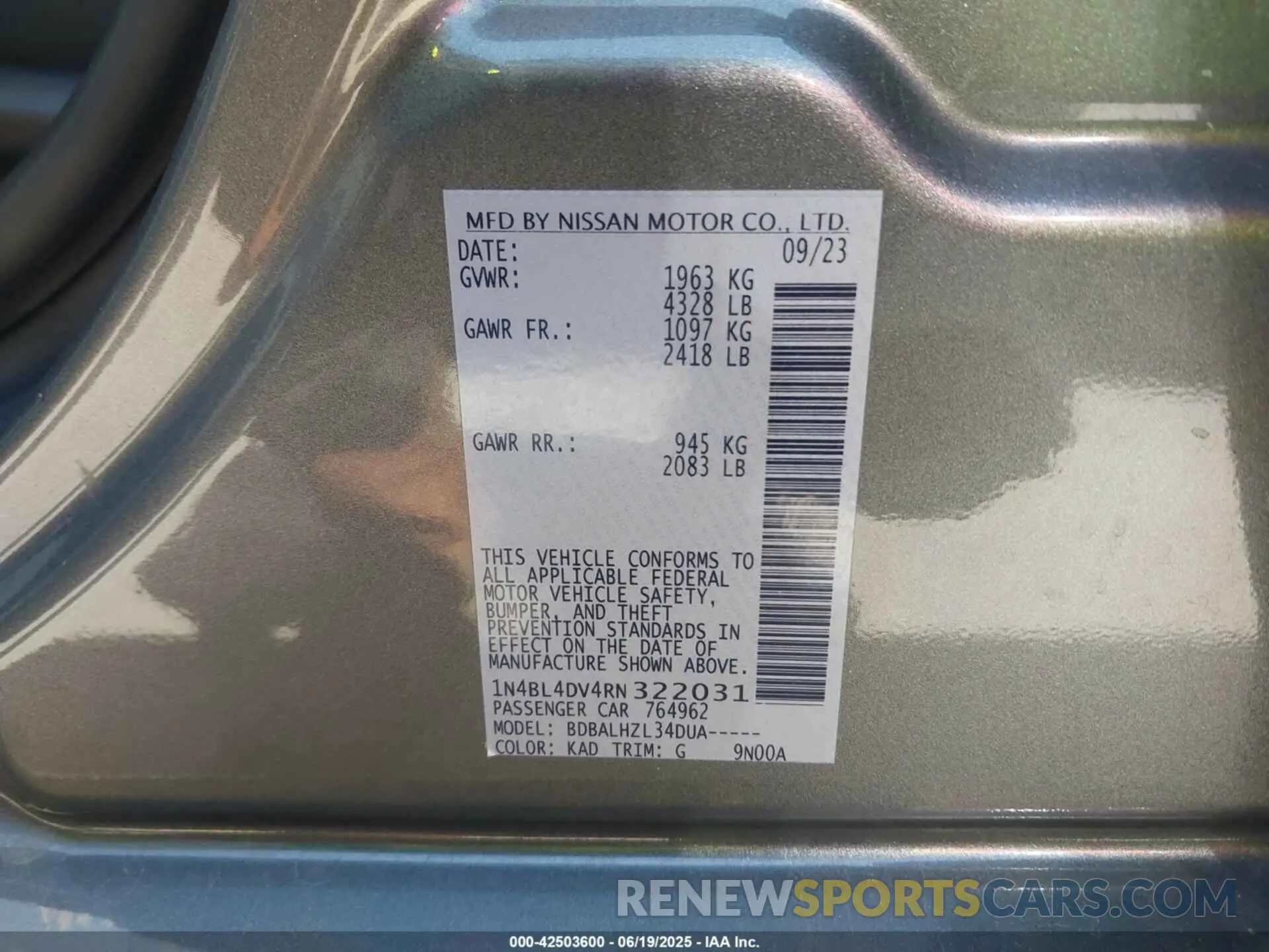 9 Photograph of a damaged car 1N4BL4DV4RN322031 NISSAN ALTIMA 2024