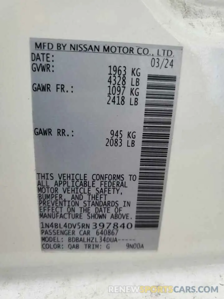 12 Фотография поврежденного автомобиля 1N4BL4DV5RN397840 NISSAN ALTIMA 2024