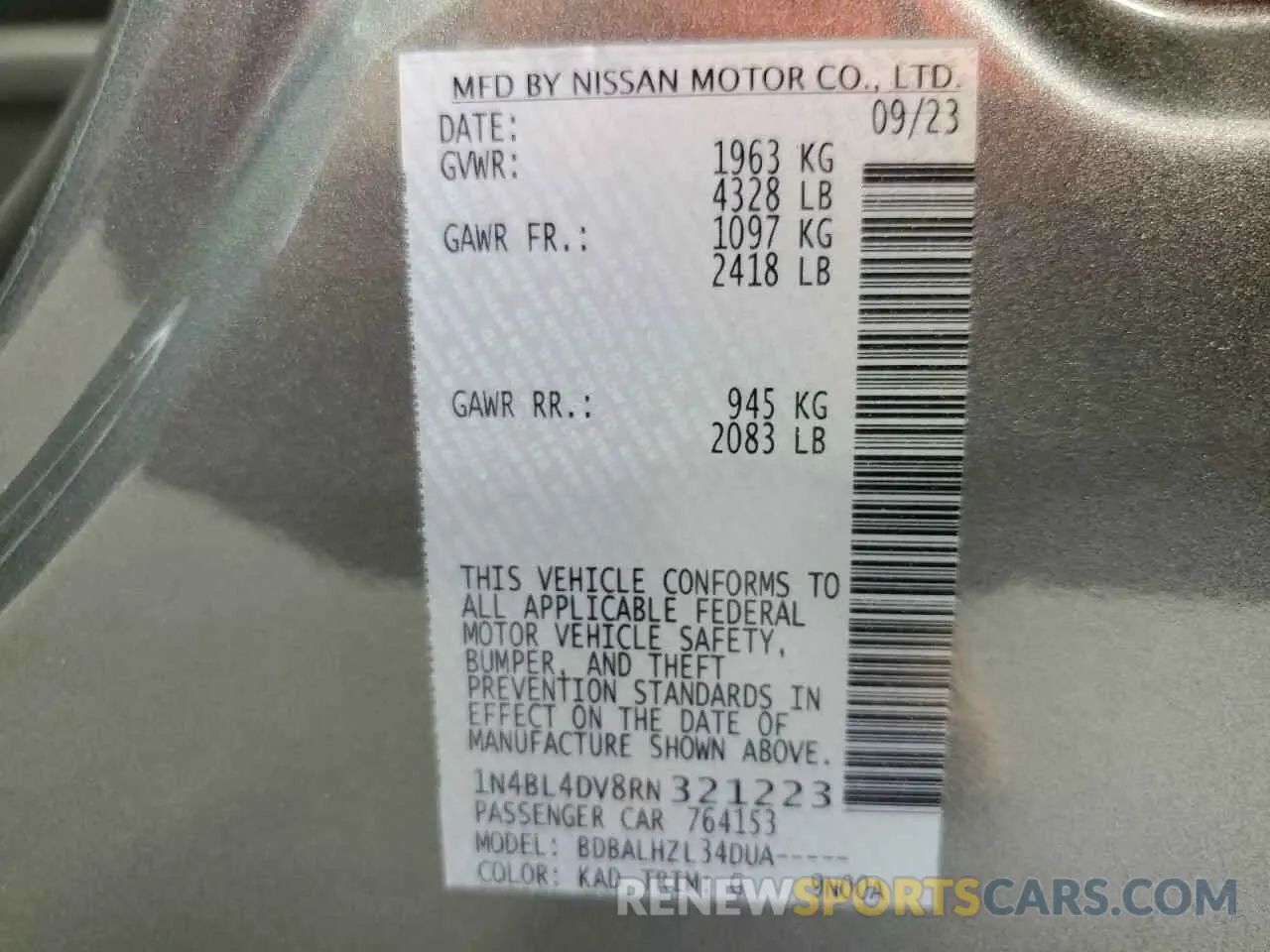 13 Photograph of a damaged car 1N4BL4DV8RN321223 NISSAN ALTIMA 2024