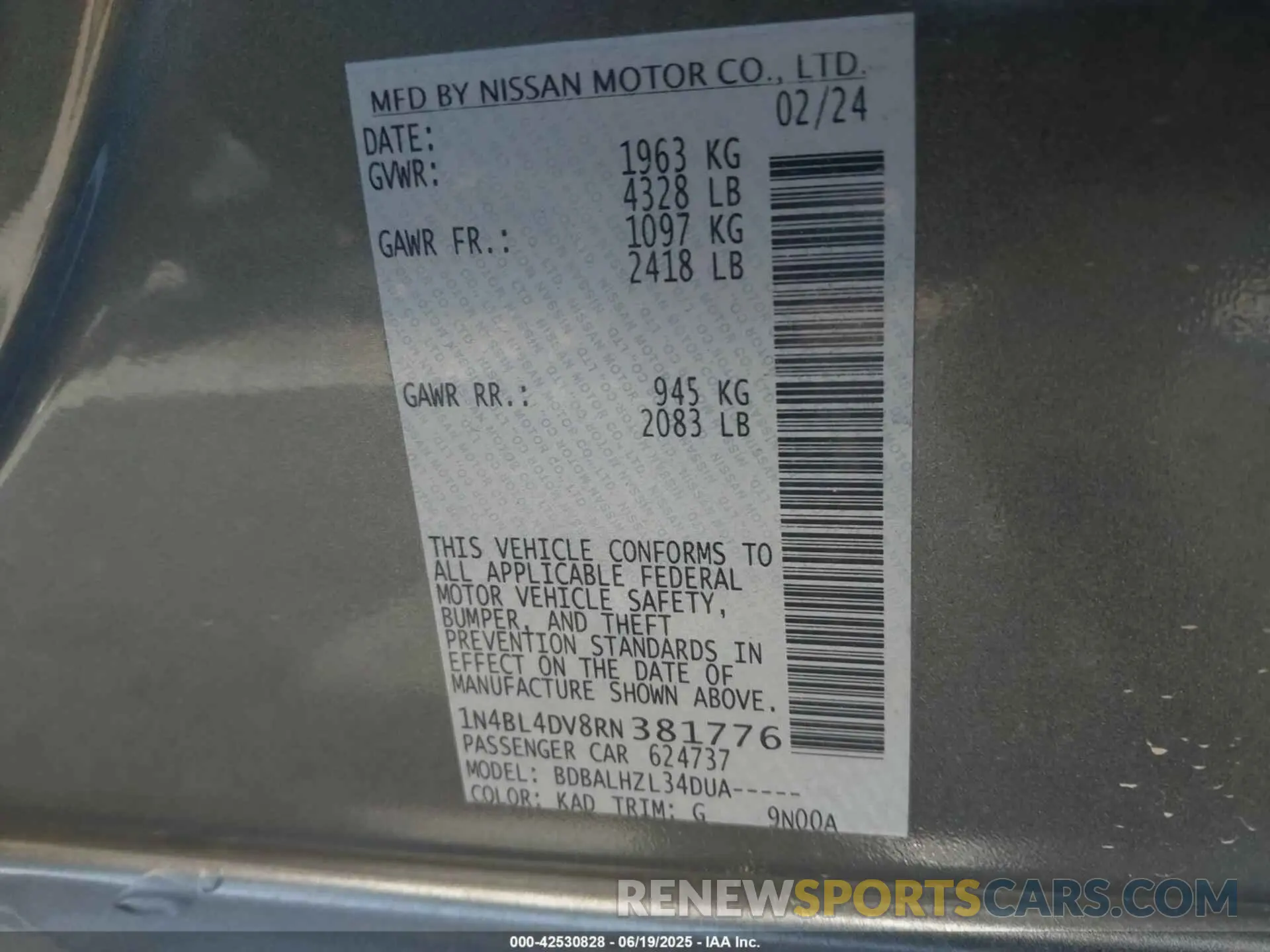 9 Фотография поврежденного автомобиля 1N4BL4DV8RN381776 NISSAN ALTIMA 2024