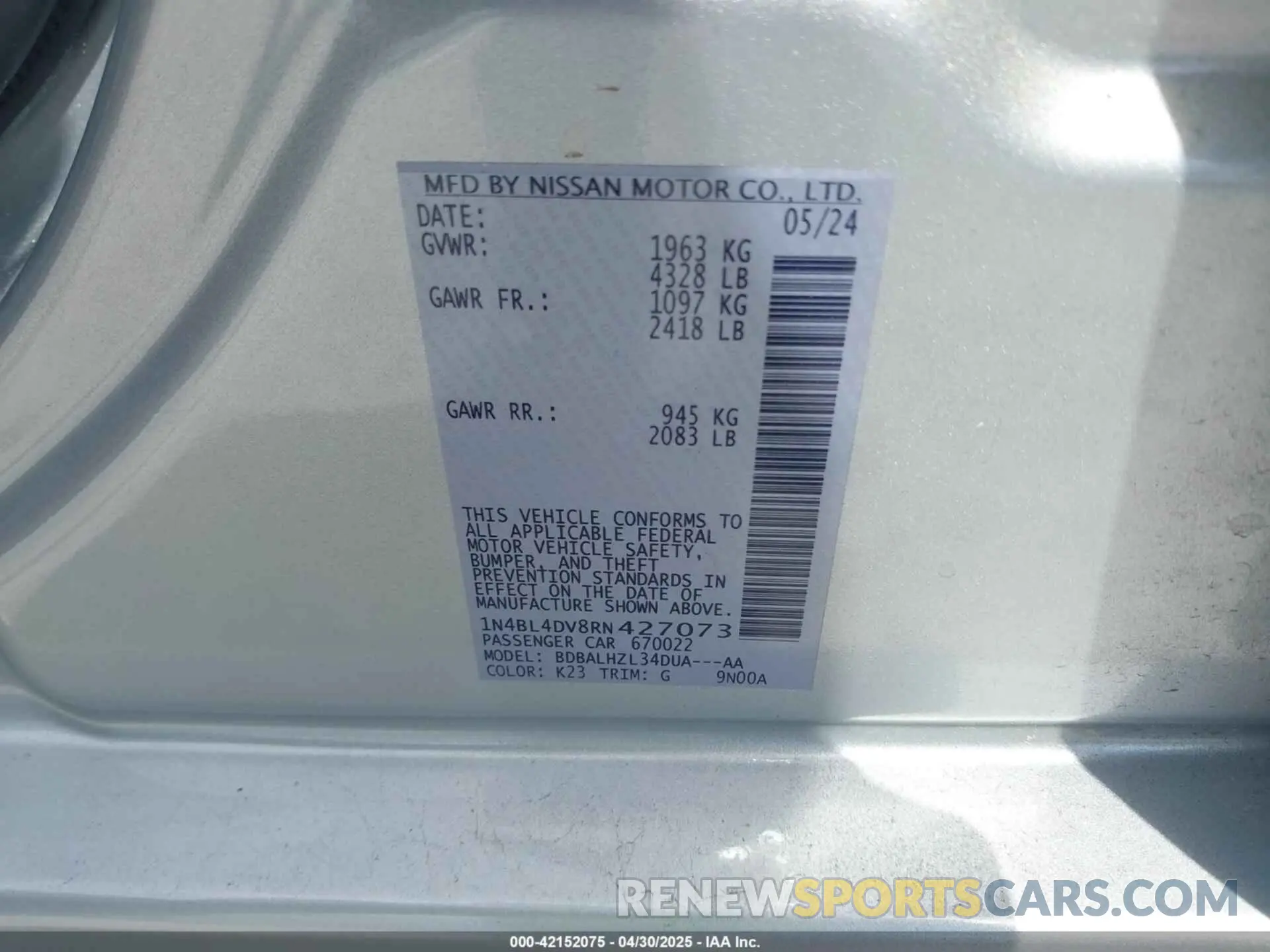 9 Фотография поврежденного автомобиля 1N4BL4DV8RN427073 NISSAN ALTIMA 2024