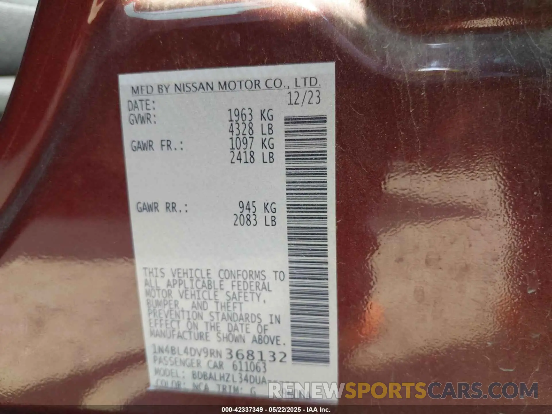 9 Photograph of a damaged car 1N4BL4DV9RN368132 NISSAN ALTIMA 2024