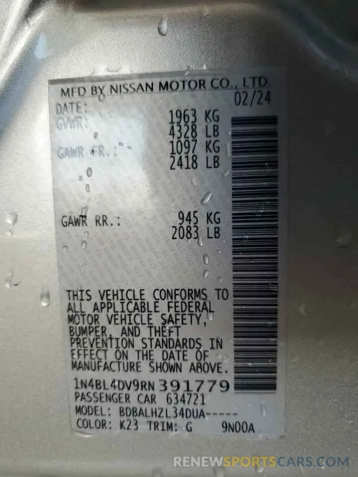 12 Фотография поврежденного автомобиля 1N4BL4DV9RN391779 NISSAN ALTIMA 2024