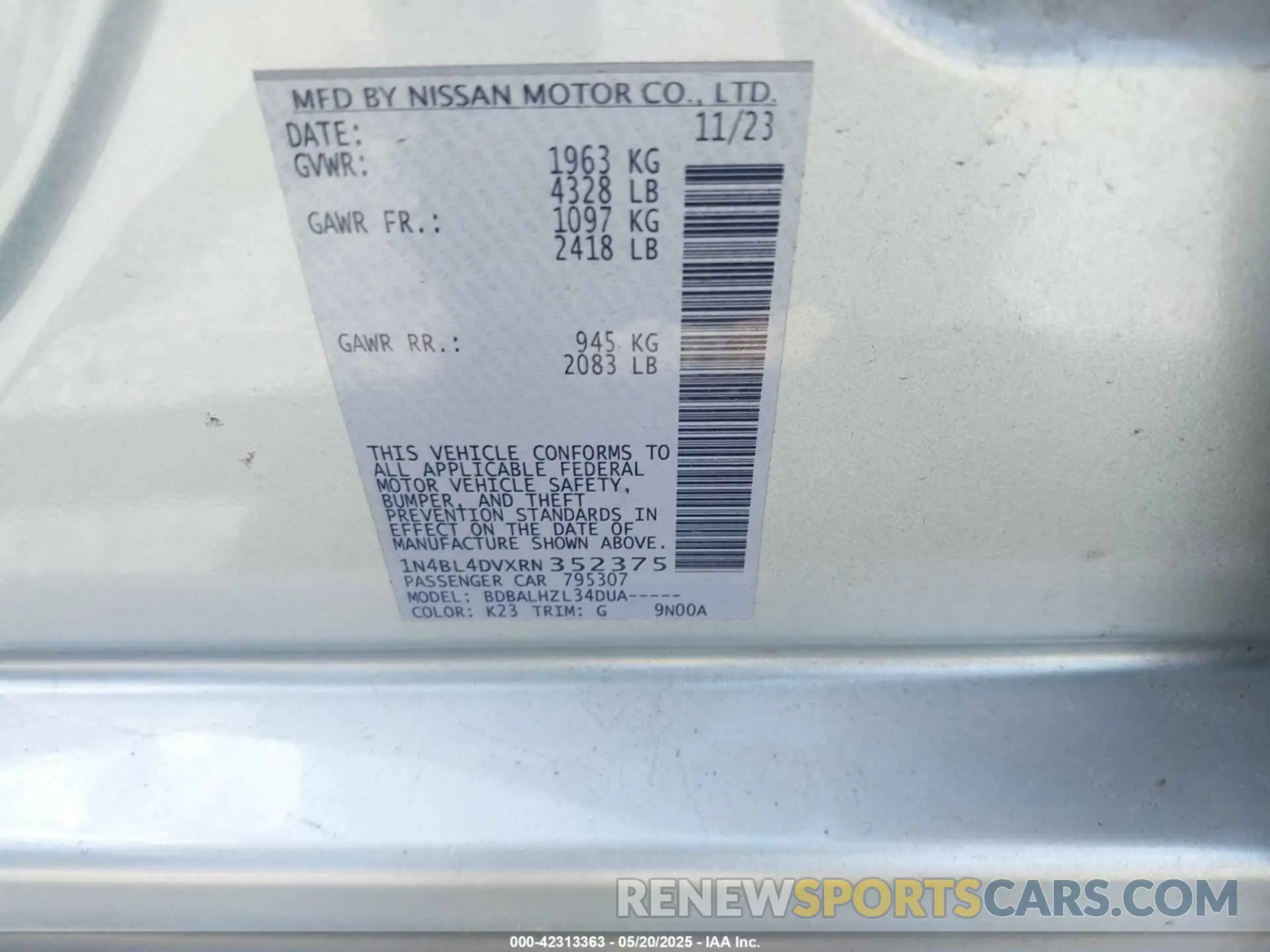 9 Photograph of a damaged car 1N4BL4DVXRN352375 NISSAN ALTIMA 2024