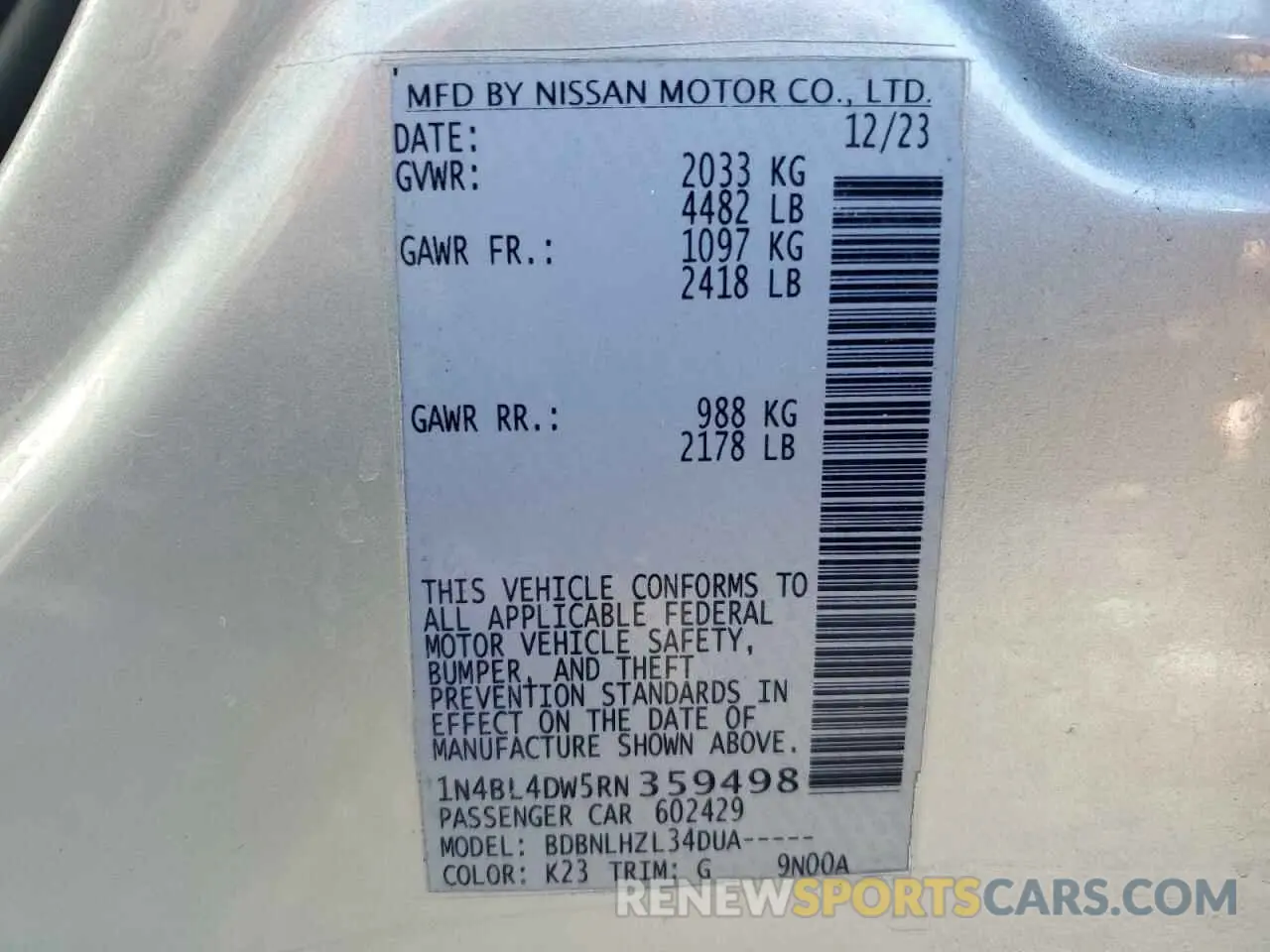 12 Photograph of a damaged car 1N4BL4DW5RN359498 NISSAN ALTIMA 2024