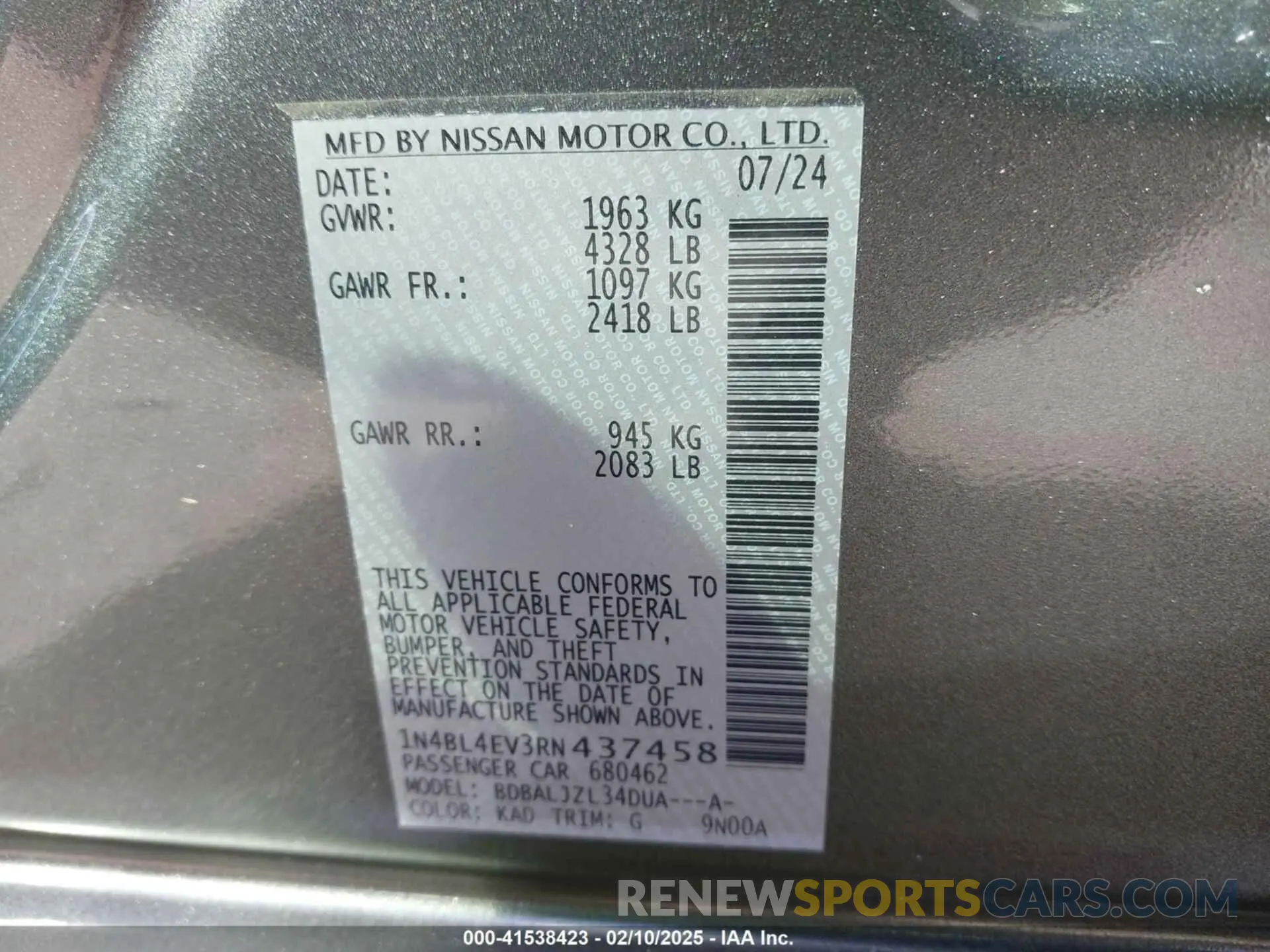 9 Photograph of a damaged car 1N4BL4EV3RN437458 NISSAN ALTIMA 2024