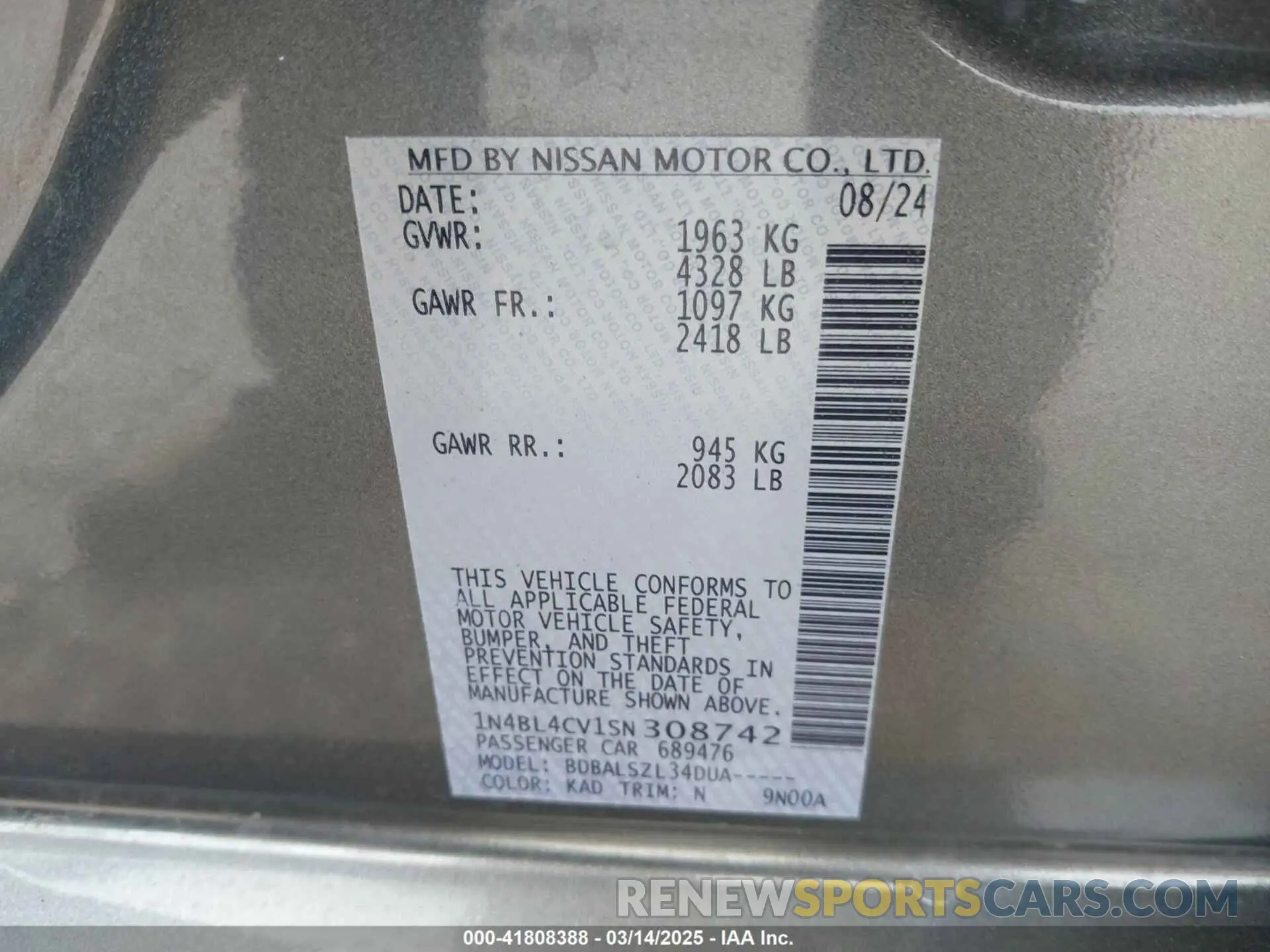 9 Фотография поврежденного автомобиля 1N4BL4CV1SN308742 NISSAN ALTIMA 2025