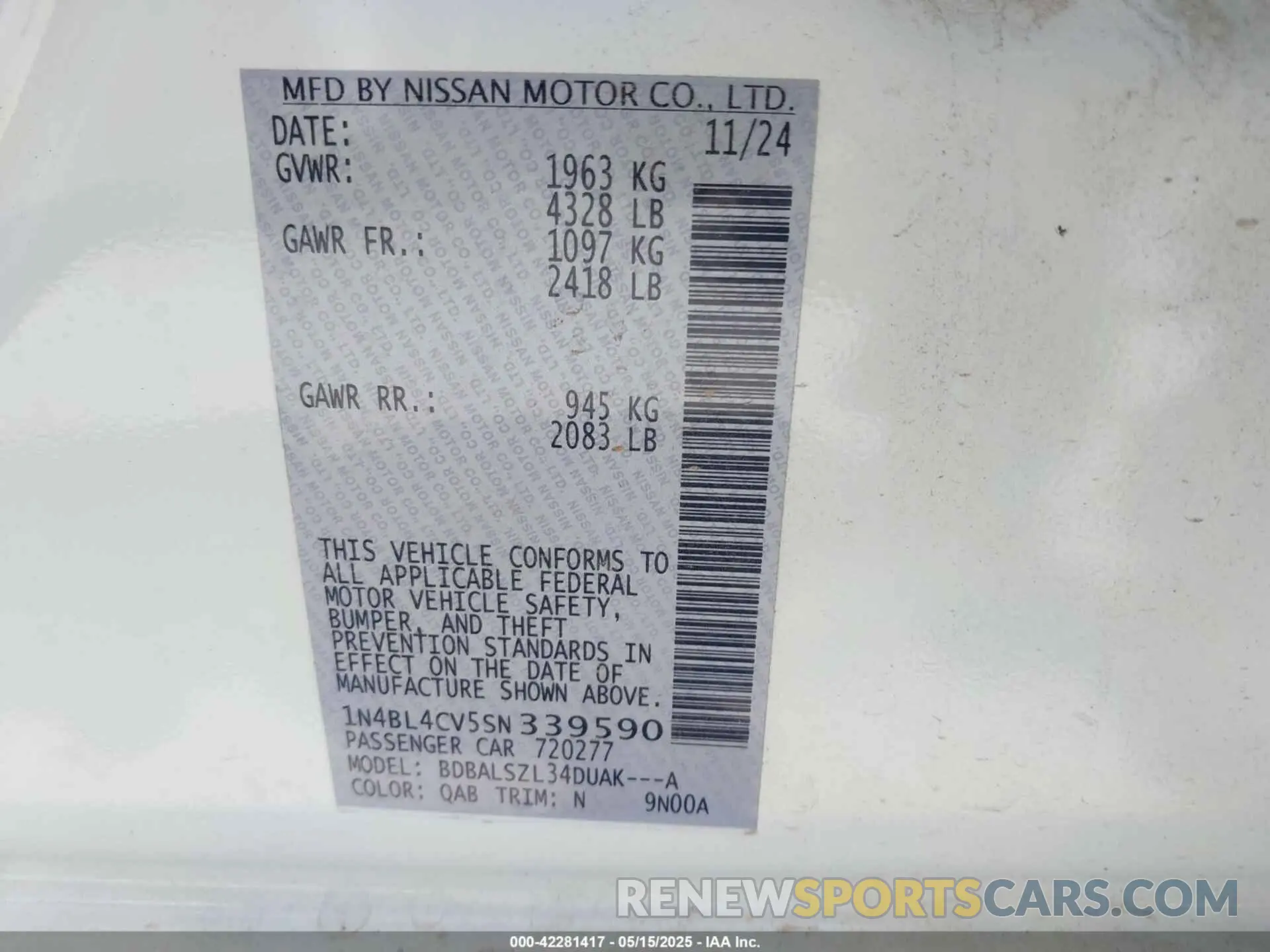 9 Фотография поврежденного автомобиля 1N4BL4CV5SN339590 NISSAN ALTIMA 2025