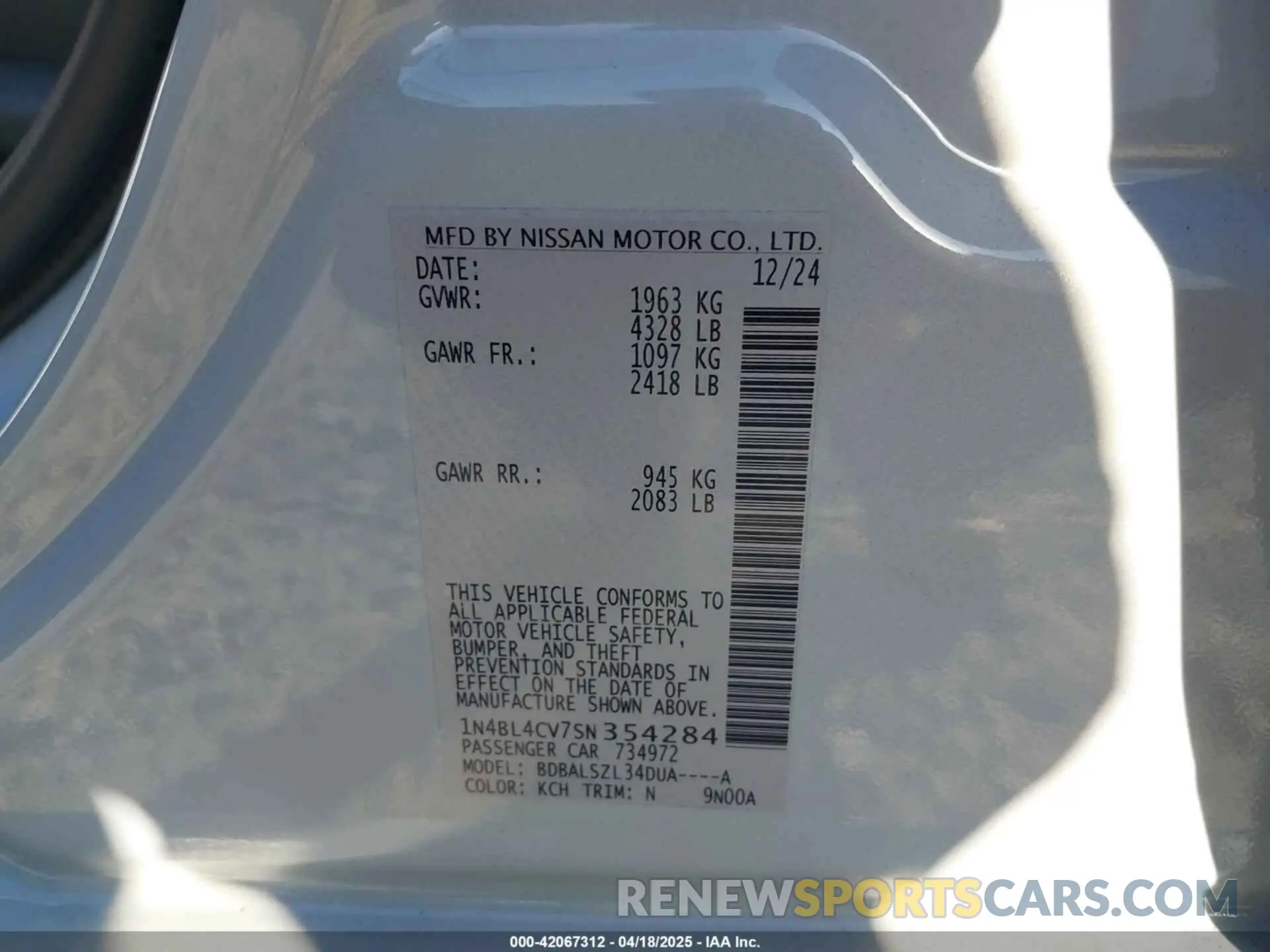 9 Фотография поврежденного автомобиля 1N4BL4CV7SN354284 NISSAN ALTIMA 2025