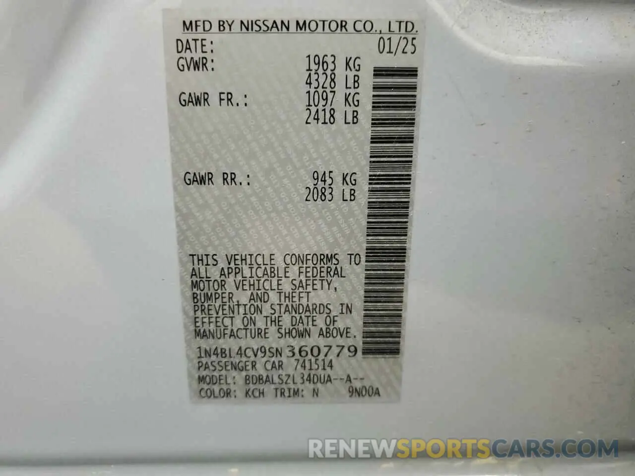 13 Photograph of a damaged car 1N4BL4CV9SN360779 NISSAN ALTIMA 2025