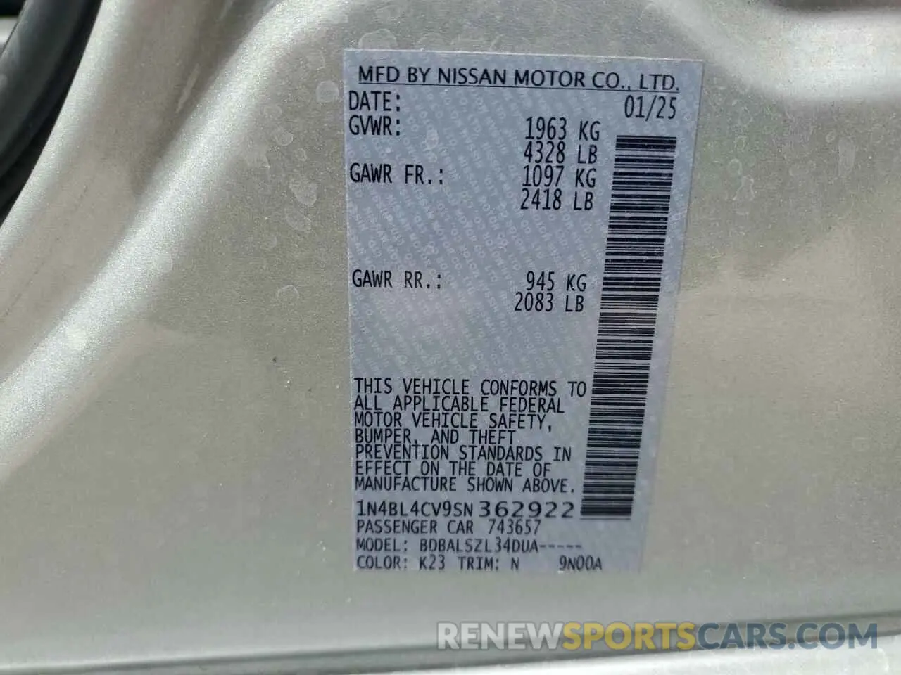 12 Фотография поврежденного автомобиля 1N4BL4CV9SN362922 NISSAN ALTIMA 2025