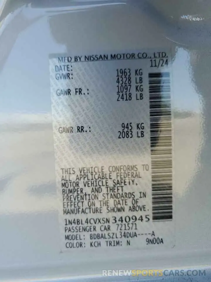15 Photograph of a damaged car 1N4BL4CVXSN340945 NISSAN ALTIMA 2025