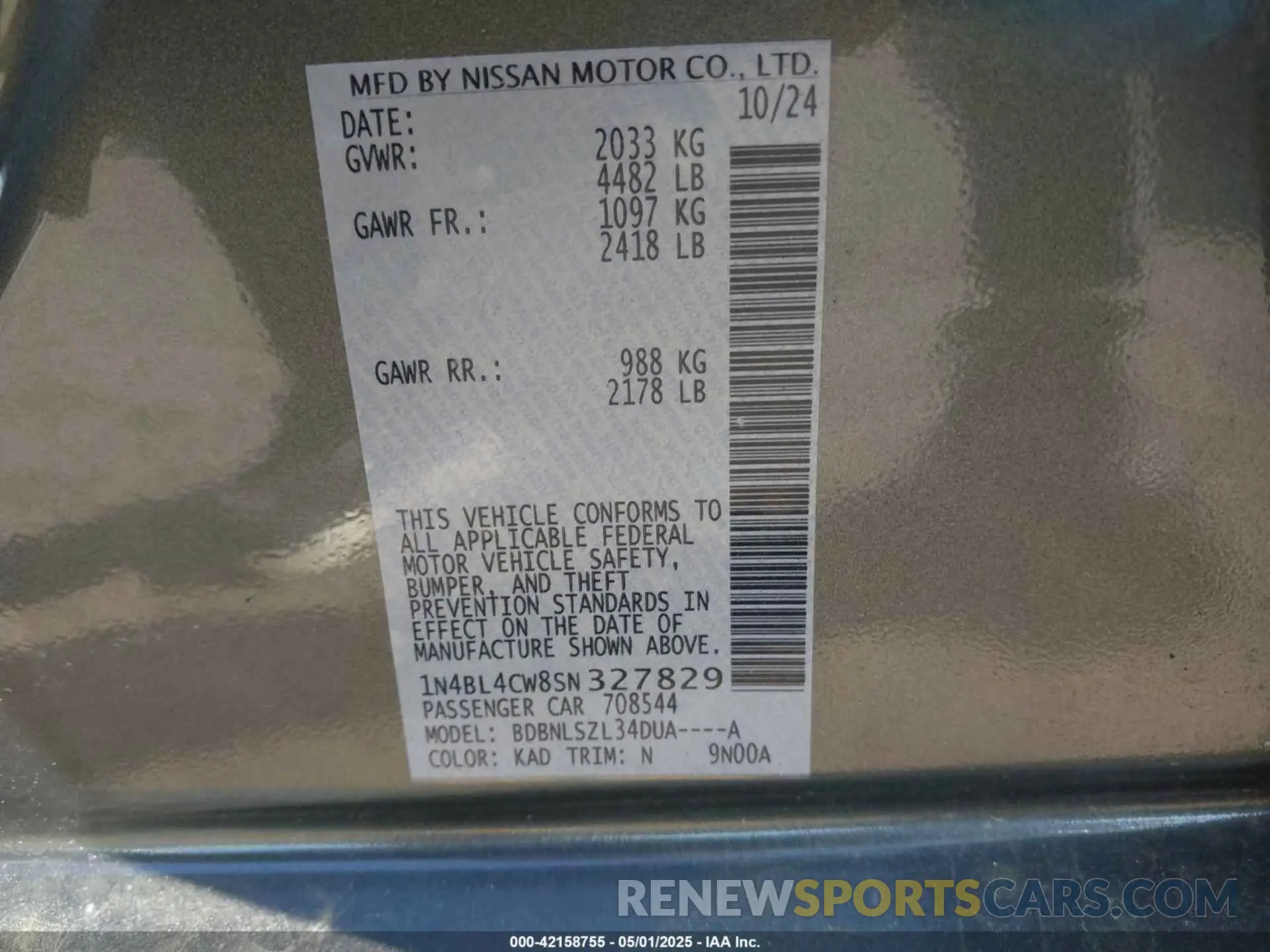 9 Photograph of a damaged car 1N4BL4CW8SN327829 NISSAN ALTIMA 2025
