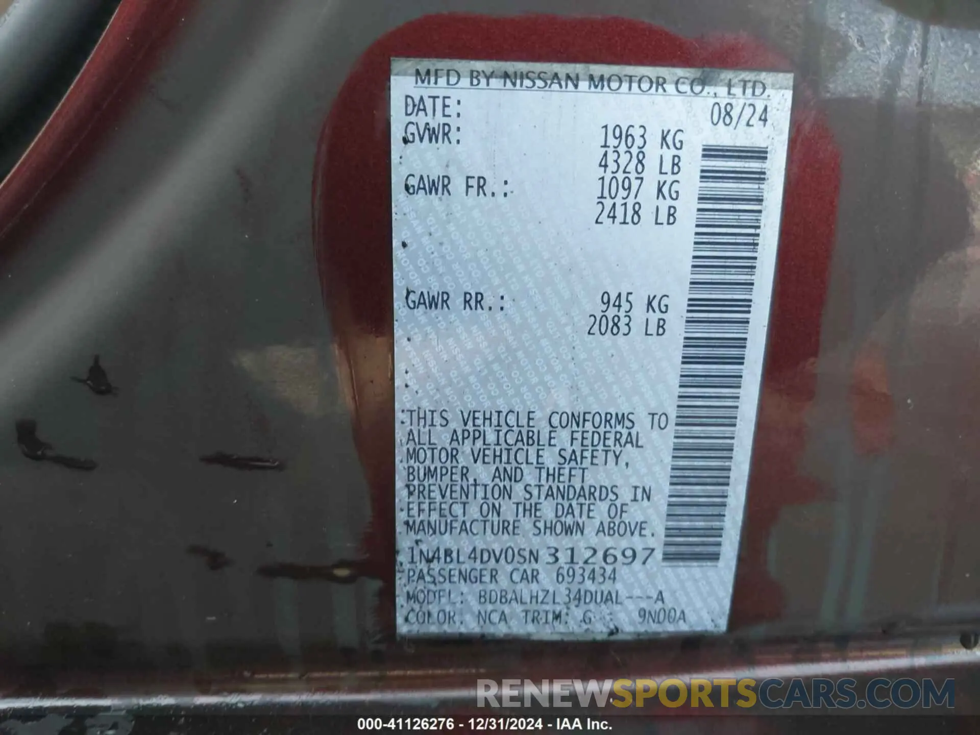 9 Фотография поврежденного автомобиля 1N4BL4DV0SN312697 NISSAN ALTIMA 2025