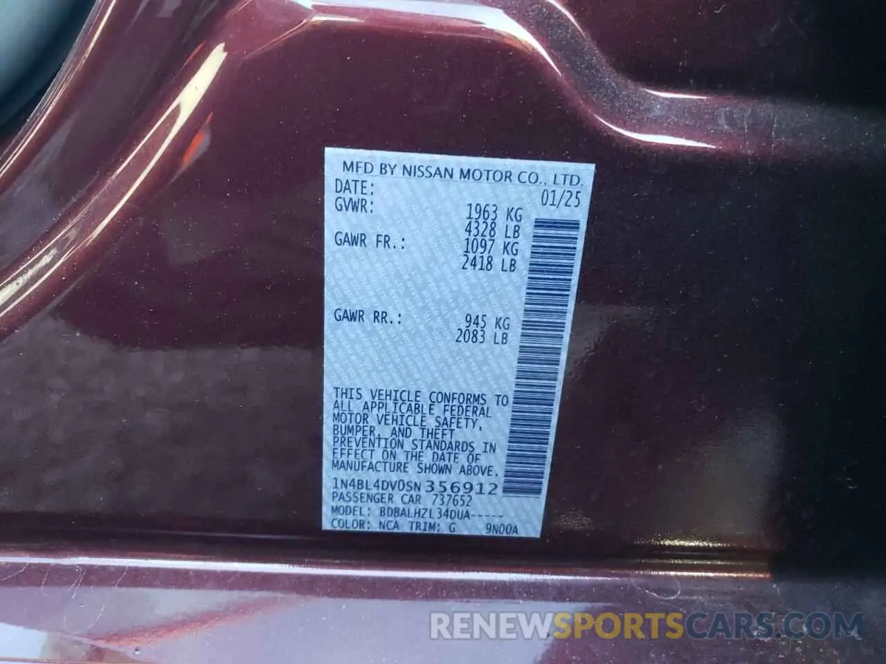 12 Фотография поврежденного автомобиля 1N4BL4DV0SN356912 NISSAN ALTIMA 2025