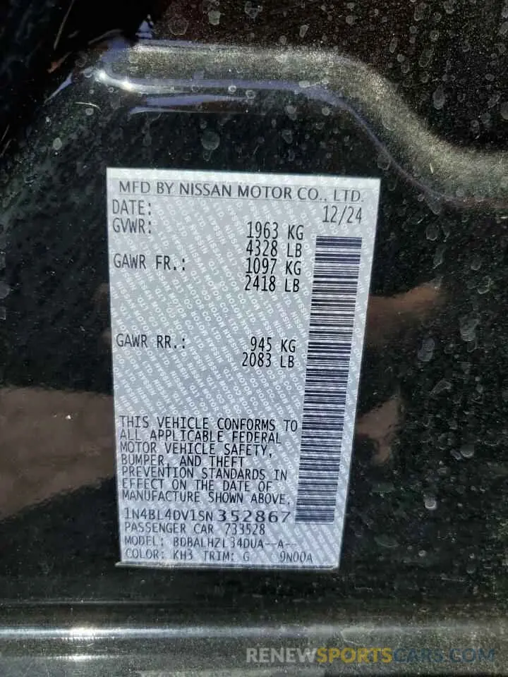 12 Фотография поврежденного автомобиля 1N4BL4DV1SN352867 NISSAN ALTIMA 2025