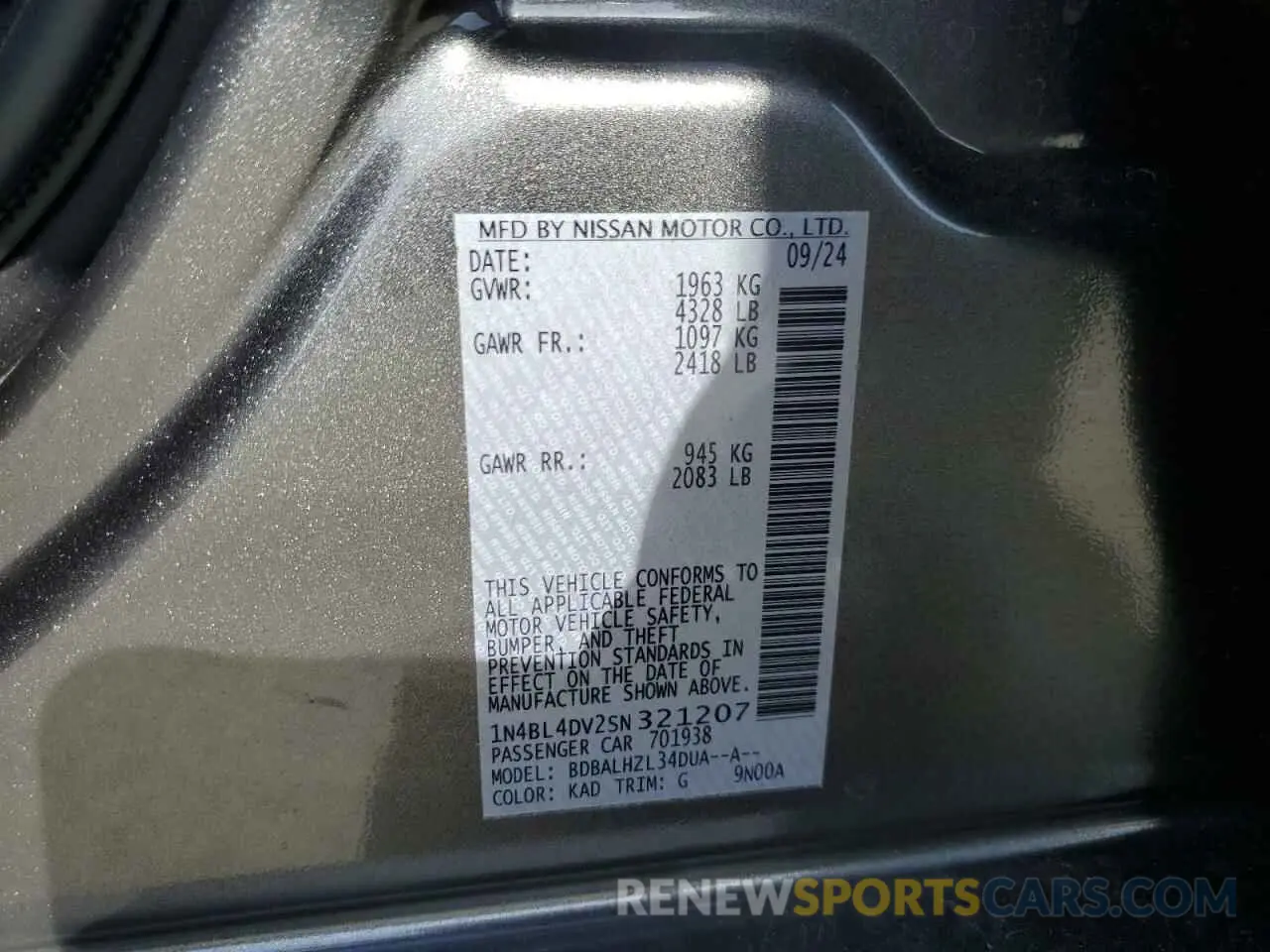 12 Photograph of a damaged car 1N4BL4DV2SN321207 NISSAN ALTIMA 2025