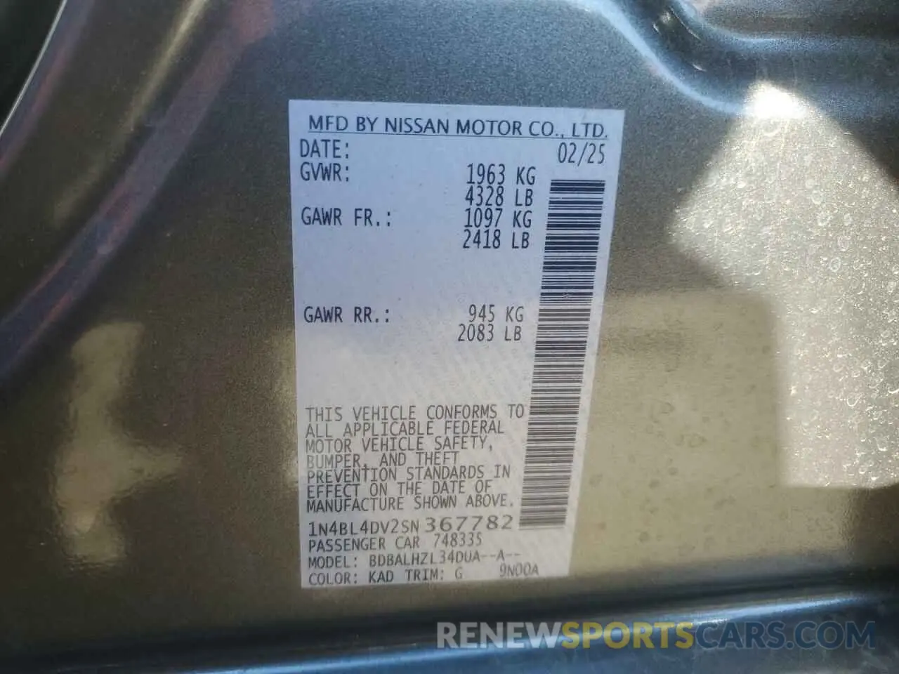12 Photograph of a damaged car 1N4BL4DV2SN367782 NISSAN ALTIMA 2025