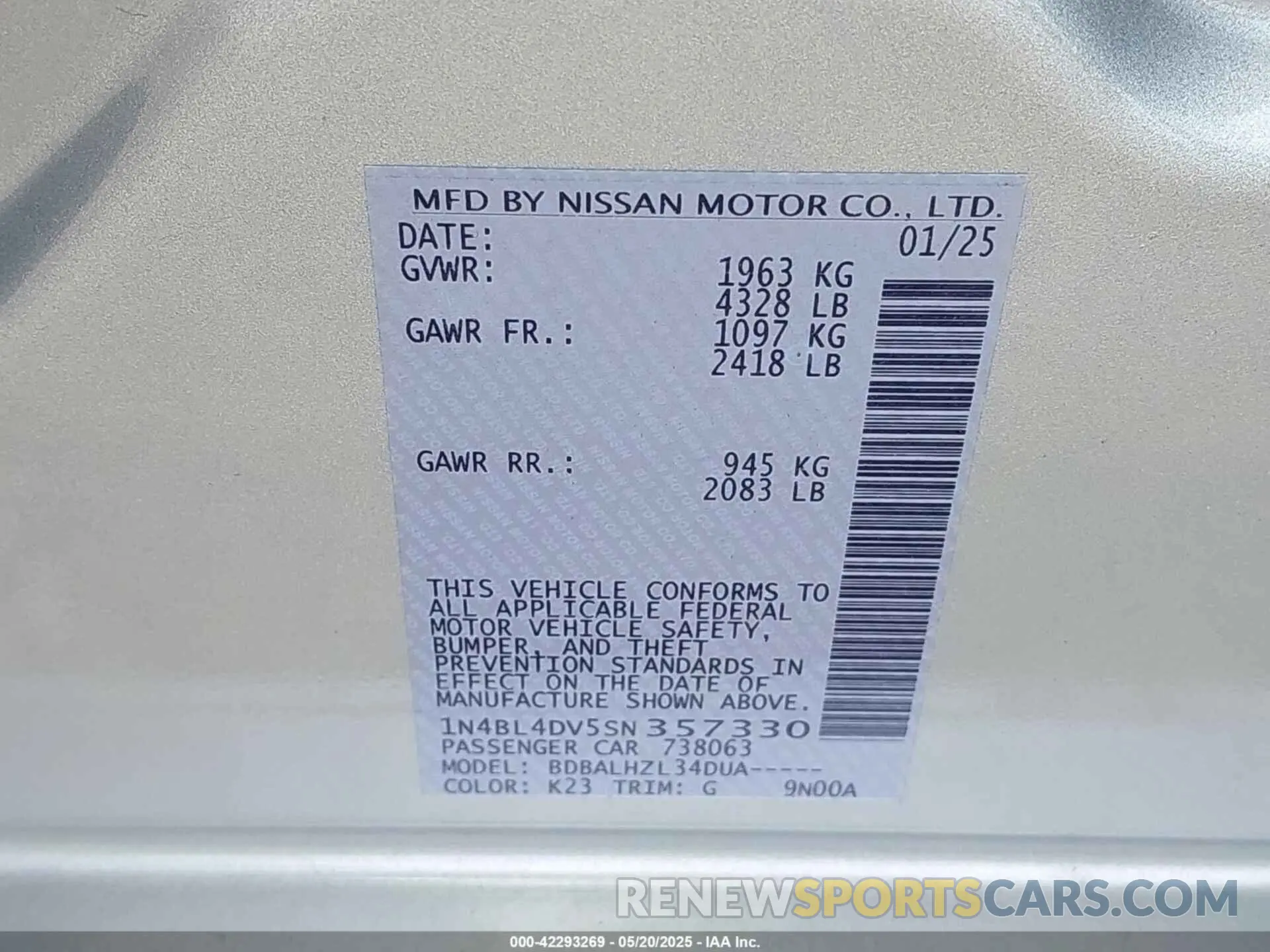 9 Фотография поврежденного автомобиля 1N4BL4DV5SN357330 NISSAN ALTIMA 2025