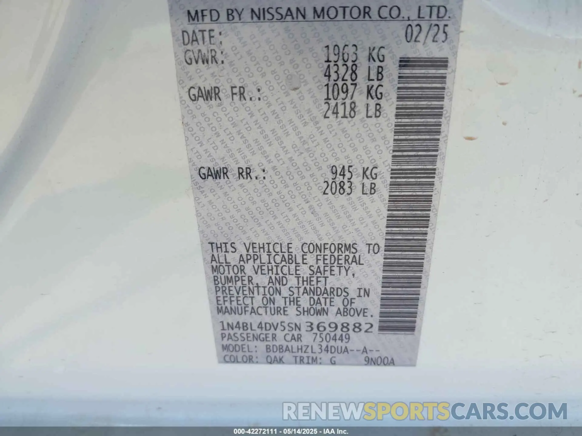 9 Photograph of a damaged car 1N4BL4DV5SN369882 NISSAN ALTIMA 2025