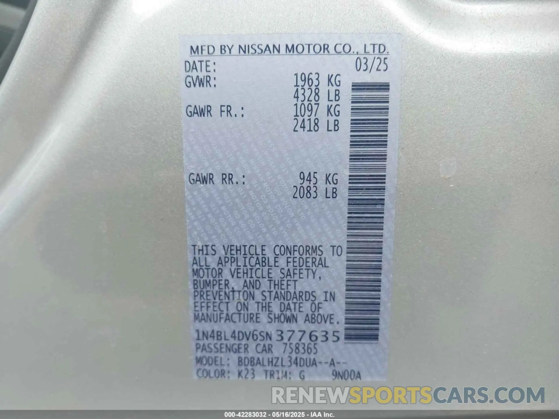 9 Фотография поврежденного автомобиля 1N4BL4DV6SN377635 NISSAN ALTIMA 2025