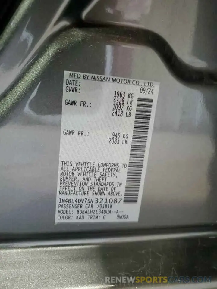 12 Фотография поврежденного автомобиля 1N4BL4DV7SN321087 NISSAN ALTIMA 2025