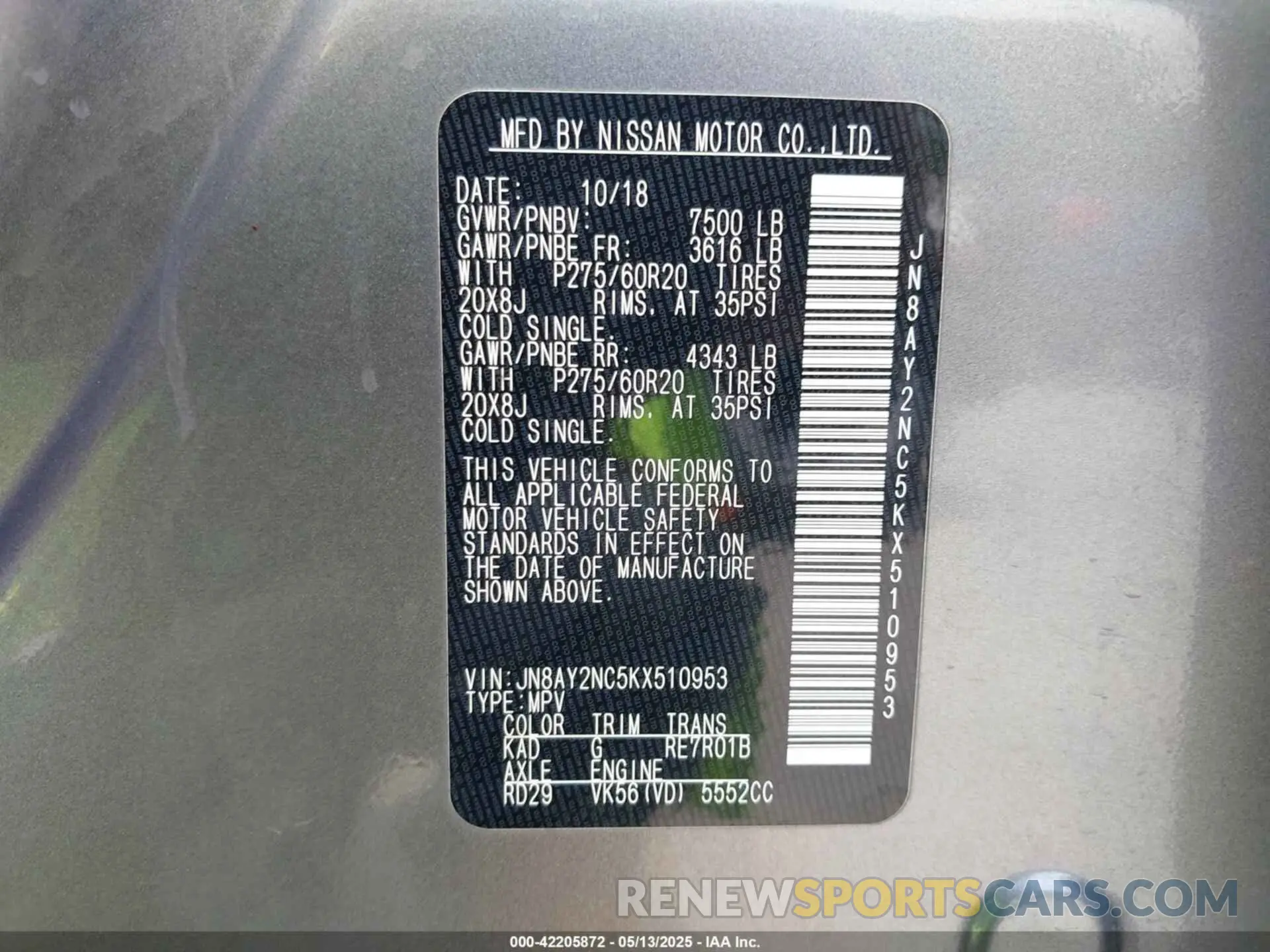 9 Фотография поврежденного автомобиля JN8AY2NC5KX510953 NISSAN ARMADA 2019
