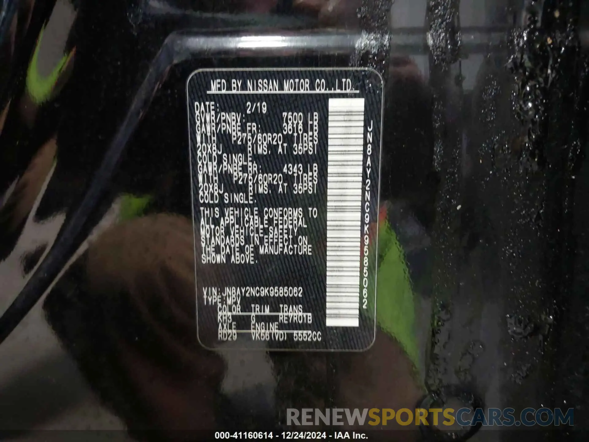 9 Photograph of a damaged car JN8AY2NC9K9585062 NISSAN ARMADA 2019