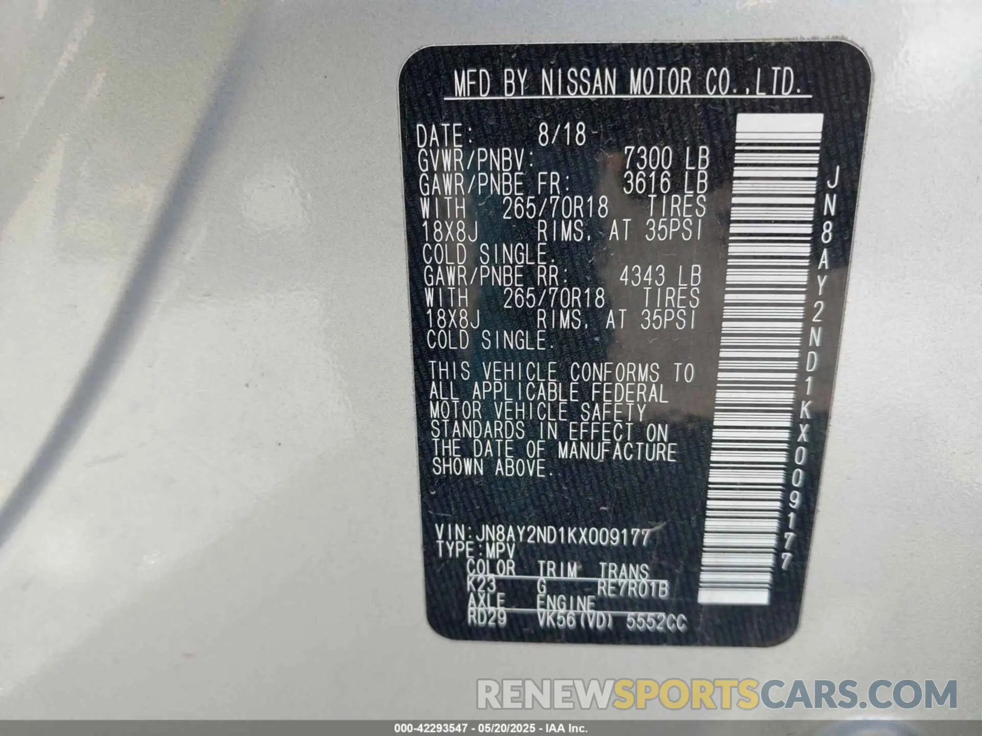 9 Фотография поврежденного автомобиля JN8AY2ND1KX009177 NISSAN ARMADA 2019
