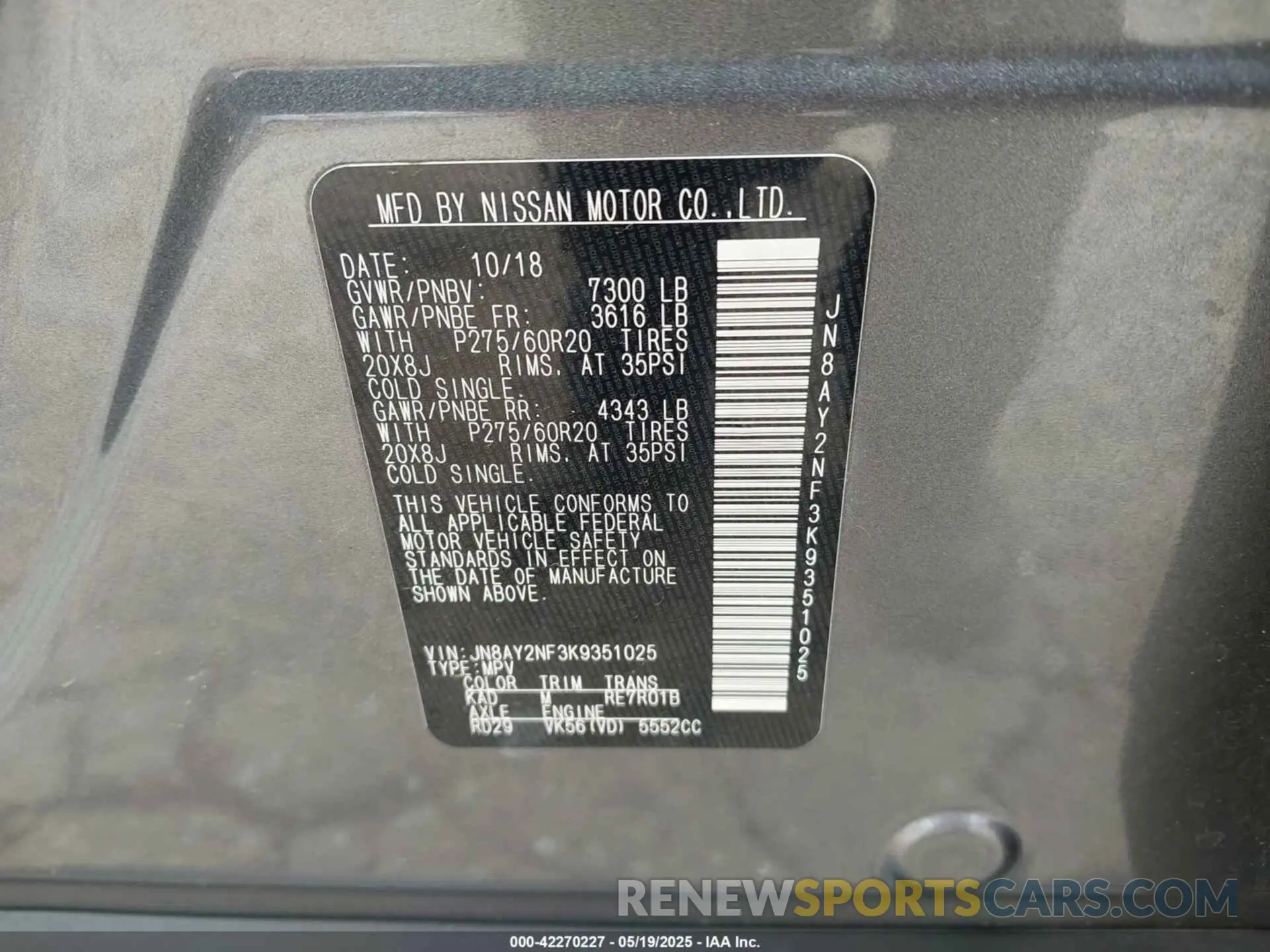 9 Photograph of a damaged car JN8AY2NF3K9351025 NISSAN ARMADA 2019