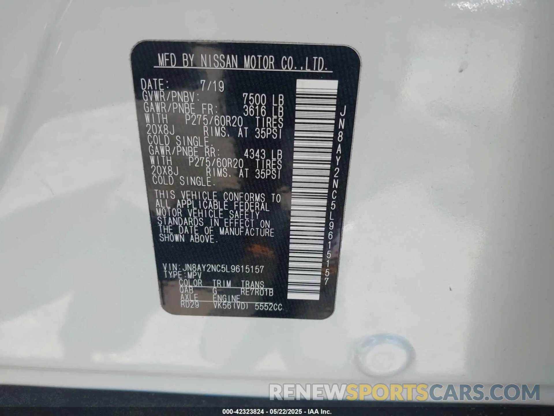 9 Photograph of a damaged car JN8AY2NC5L9615157 NISSAN ARMADA 2020