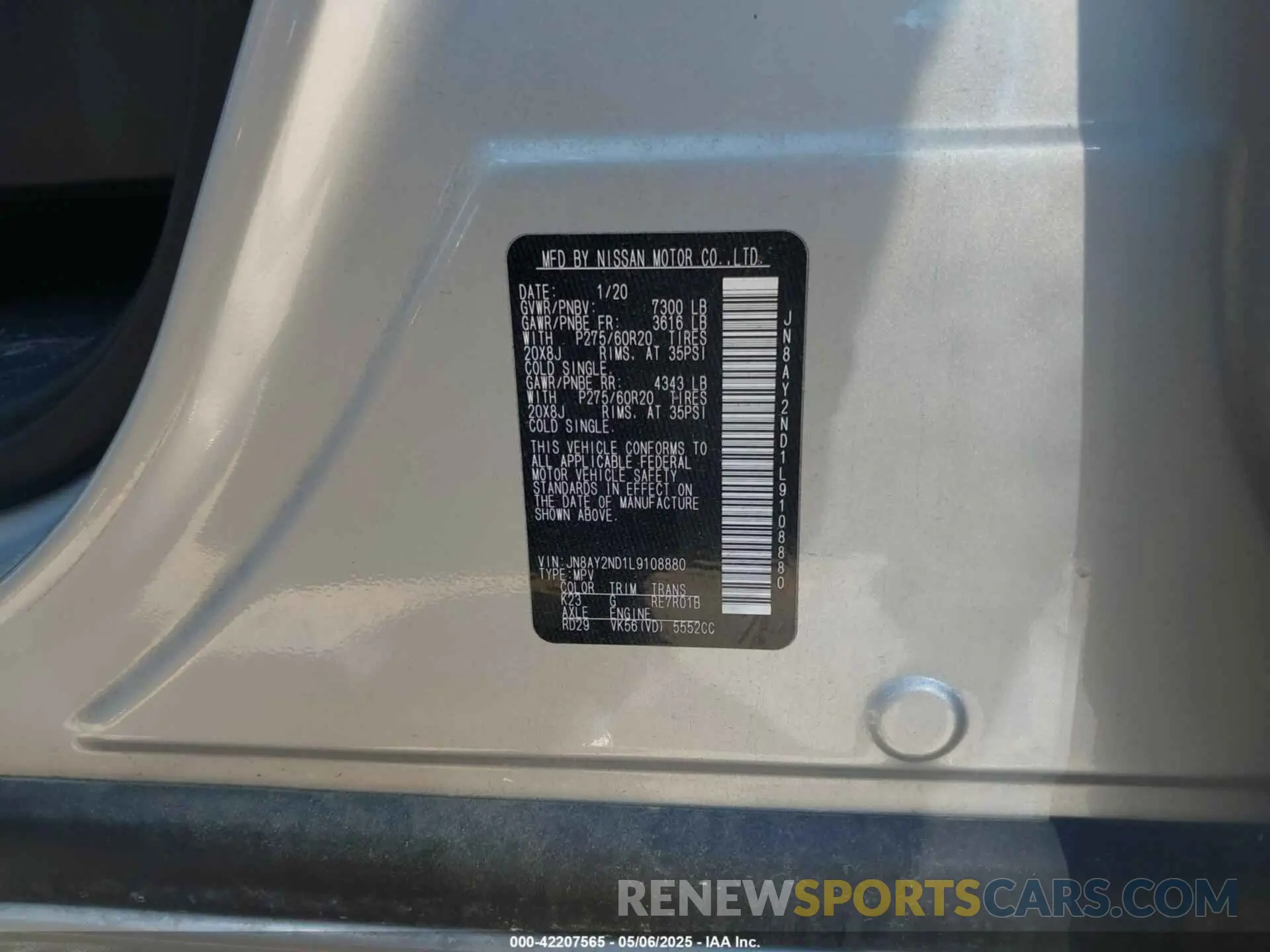 9 Фотография поврежденного автомобиля JN8AY2ND1L9108880 NISSAN ARMADA 2020