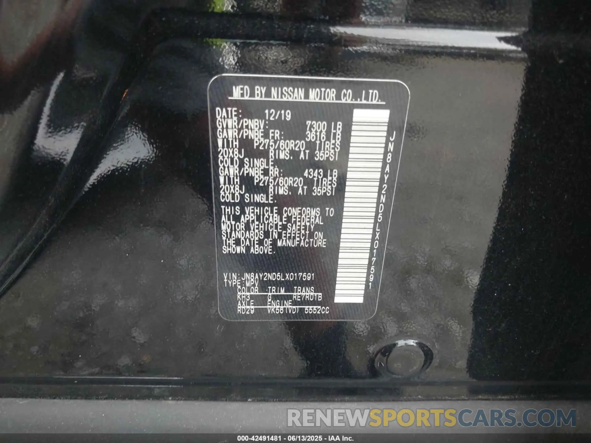 9 Photograph of a damaged car JN8AY2ND5LX017591 NISSAN ARMADA 2020