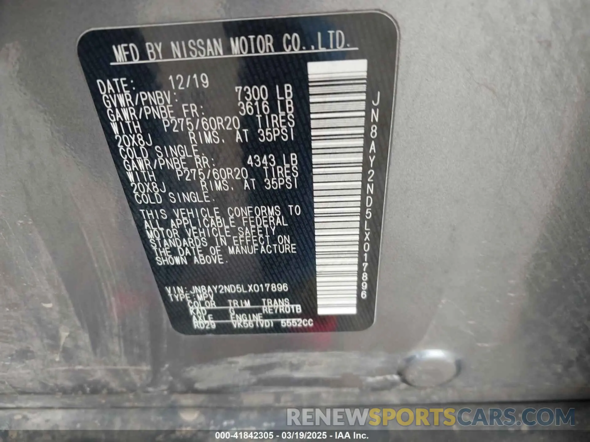 9 Фотография поврежденного автомобиля JN8AY2ND5LX017896 NISSAN ARMADA 2020